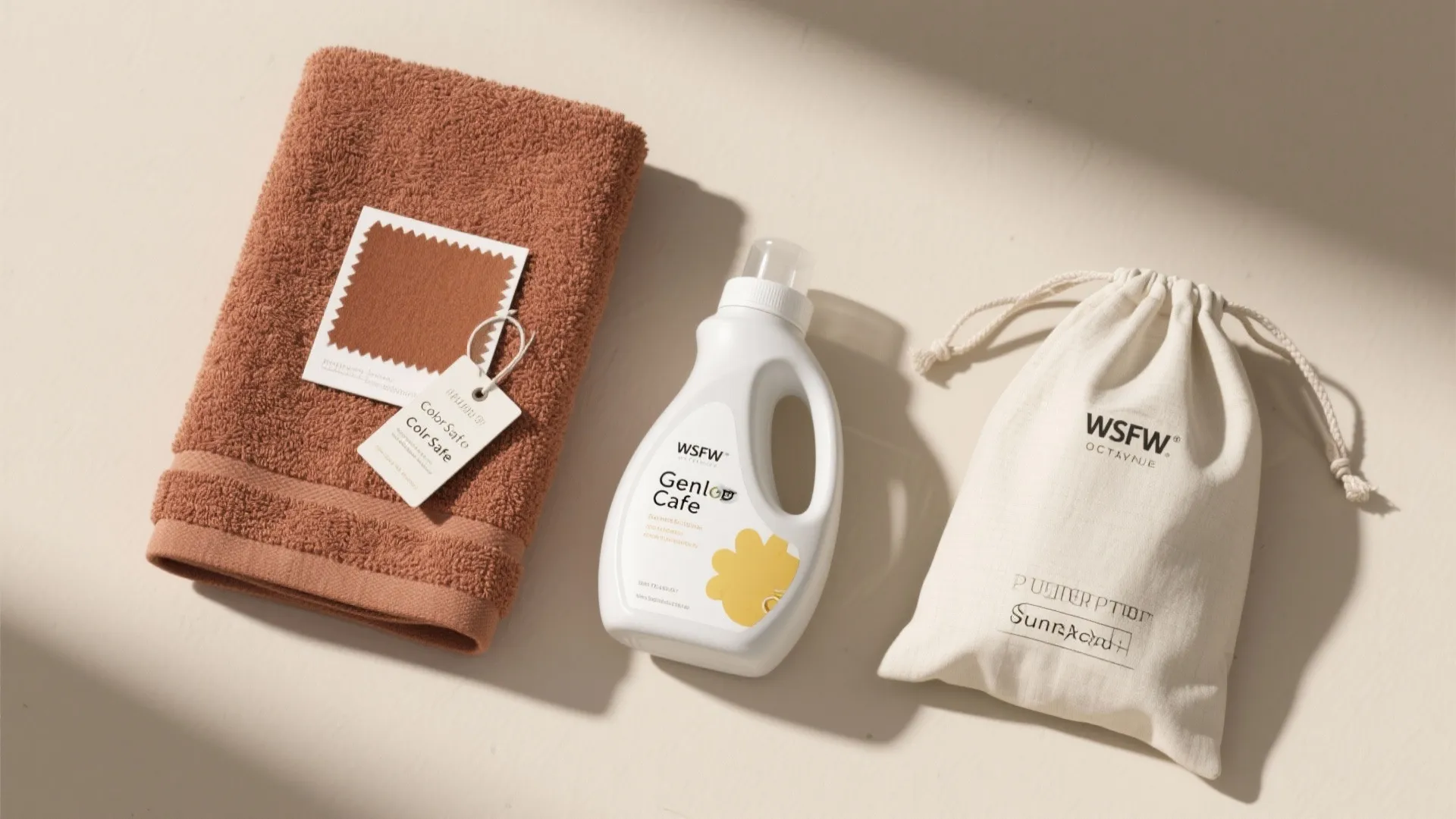 Flat lay of orange towel with white laundry soap bottle and small fabric bag kit