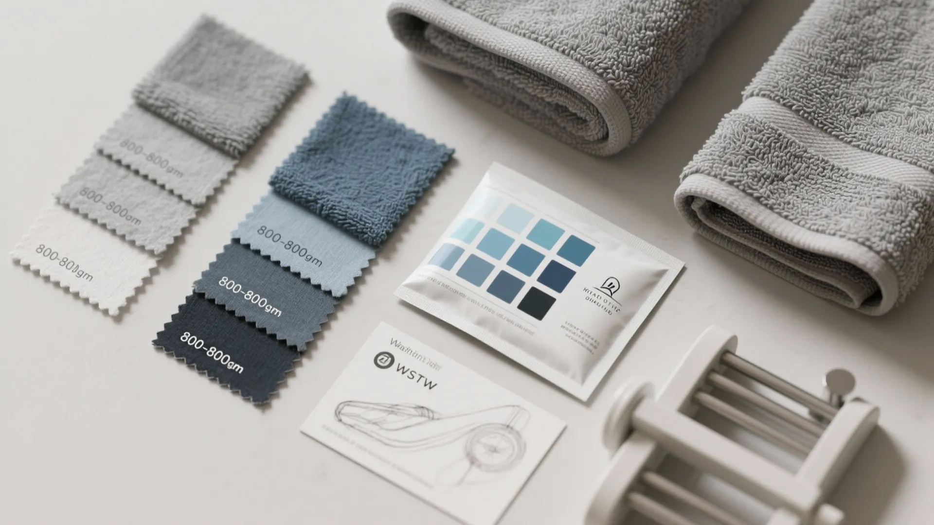 Flat lay of grey towels with fabric color samples and care instruction cards on table