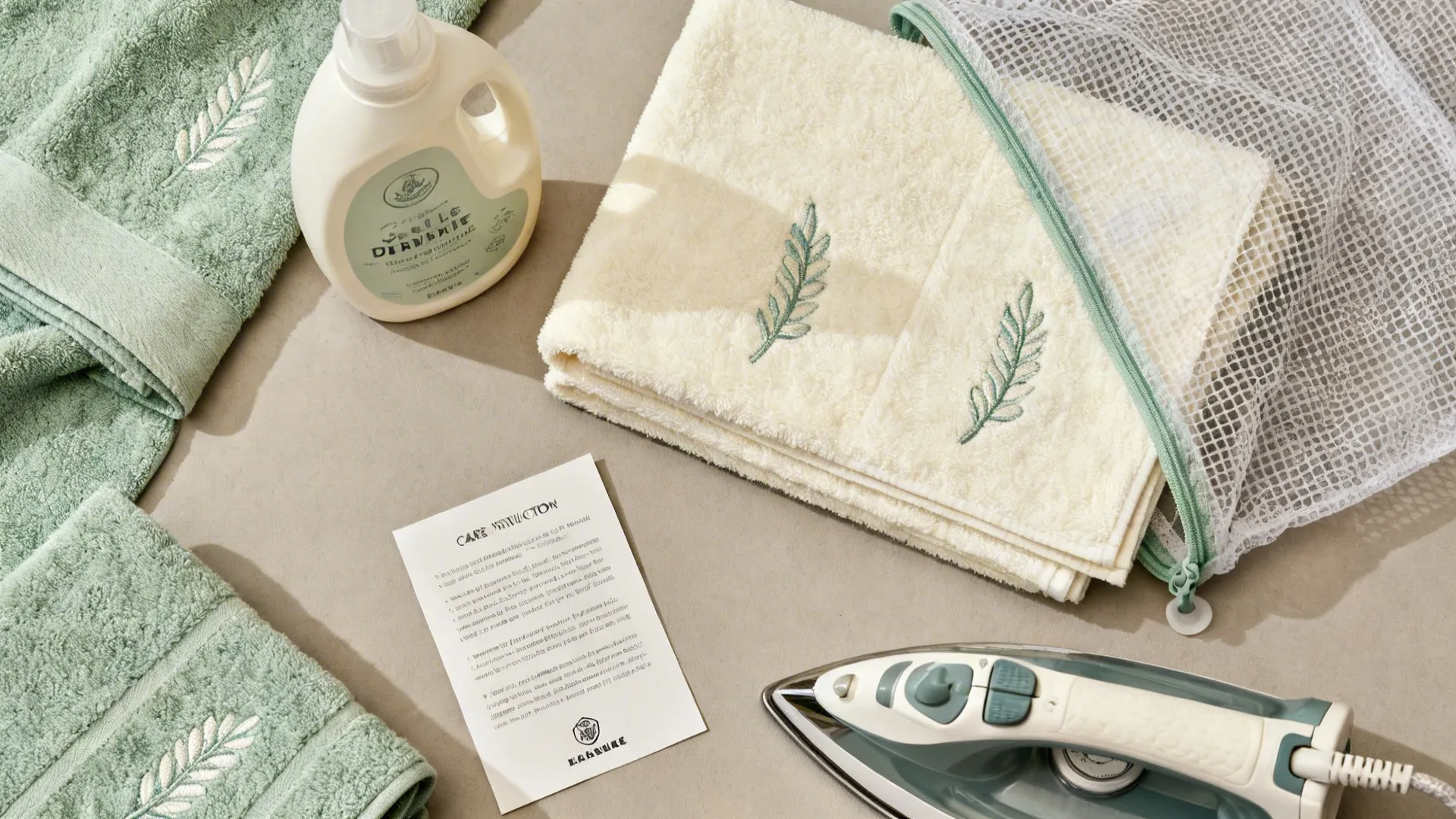 Green and cream embroidered towels with detergent bottle care instruction card iron and mesh bag