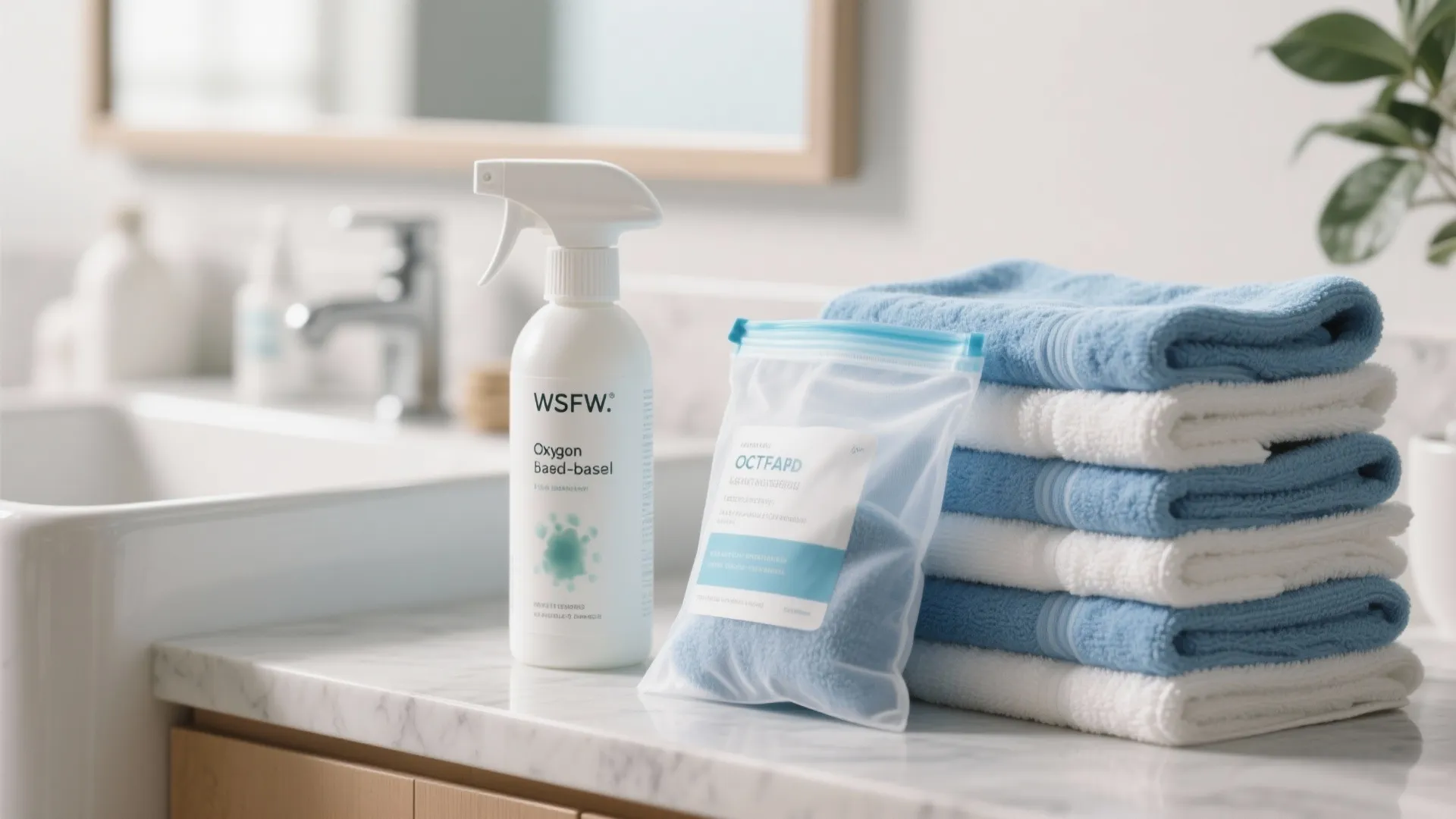 Stack of blue and white towels with cleaning spray bottle on a white marble countertop