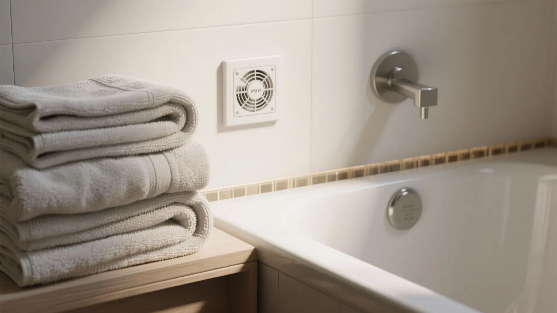 Stack of folded beige towels on a wooden shelf next to a white bathtub and