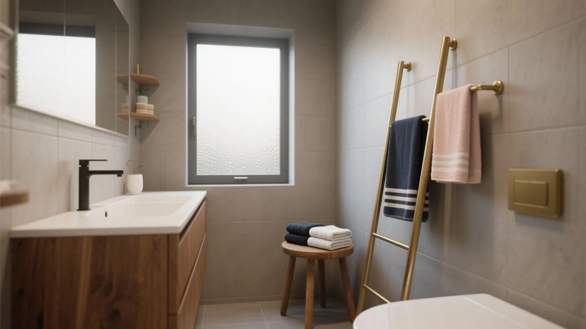 Modern bathroom with wood vanity white sink gold ladder towel rack and grey wall tiles
