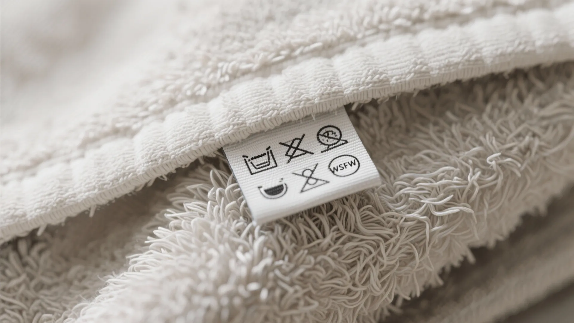 Close up of a white fabric towel showing a laundry care label with washing symbols