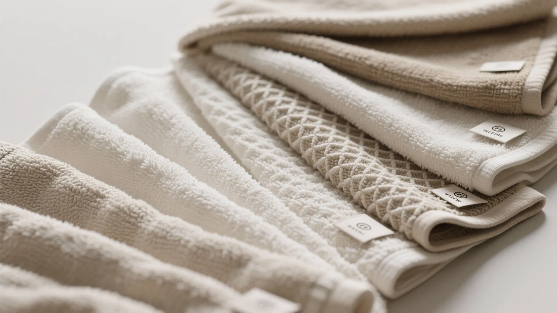 Collection of beige and white towels with various fabric textures and patterns arranged in fan
