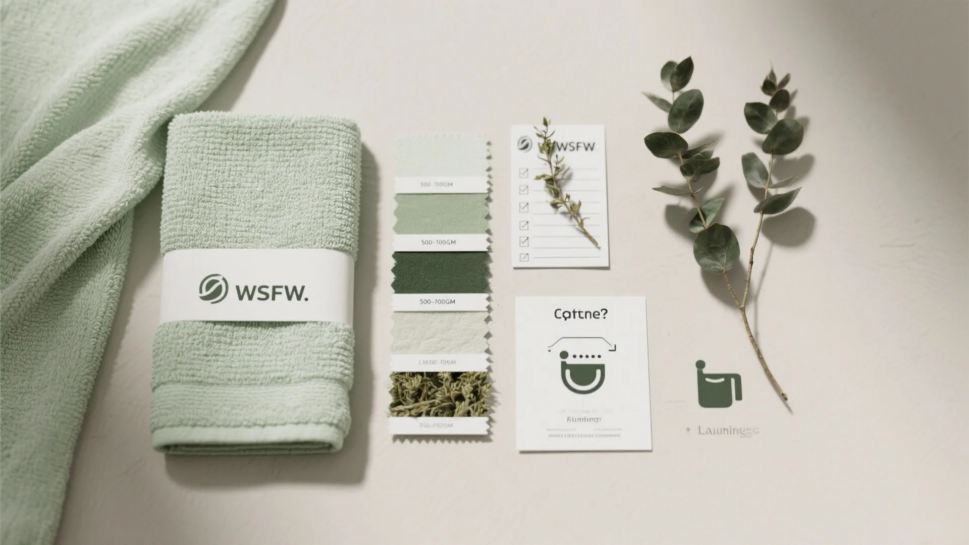 Green folded towel with white label next to fabric color samples and a green leaf