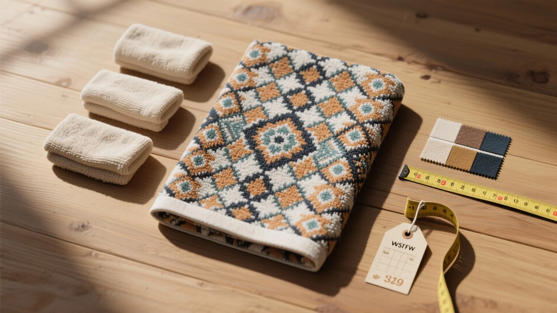 Patterned towel with folded white towels and measuring tape on a natural wood surface floor