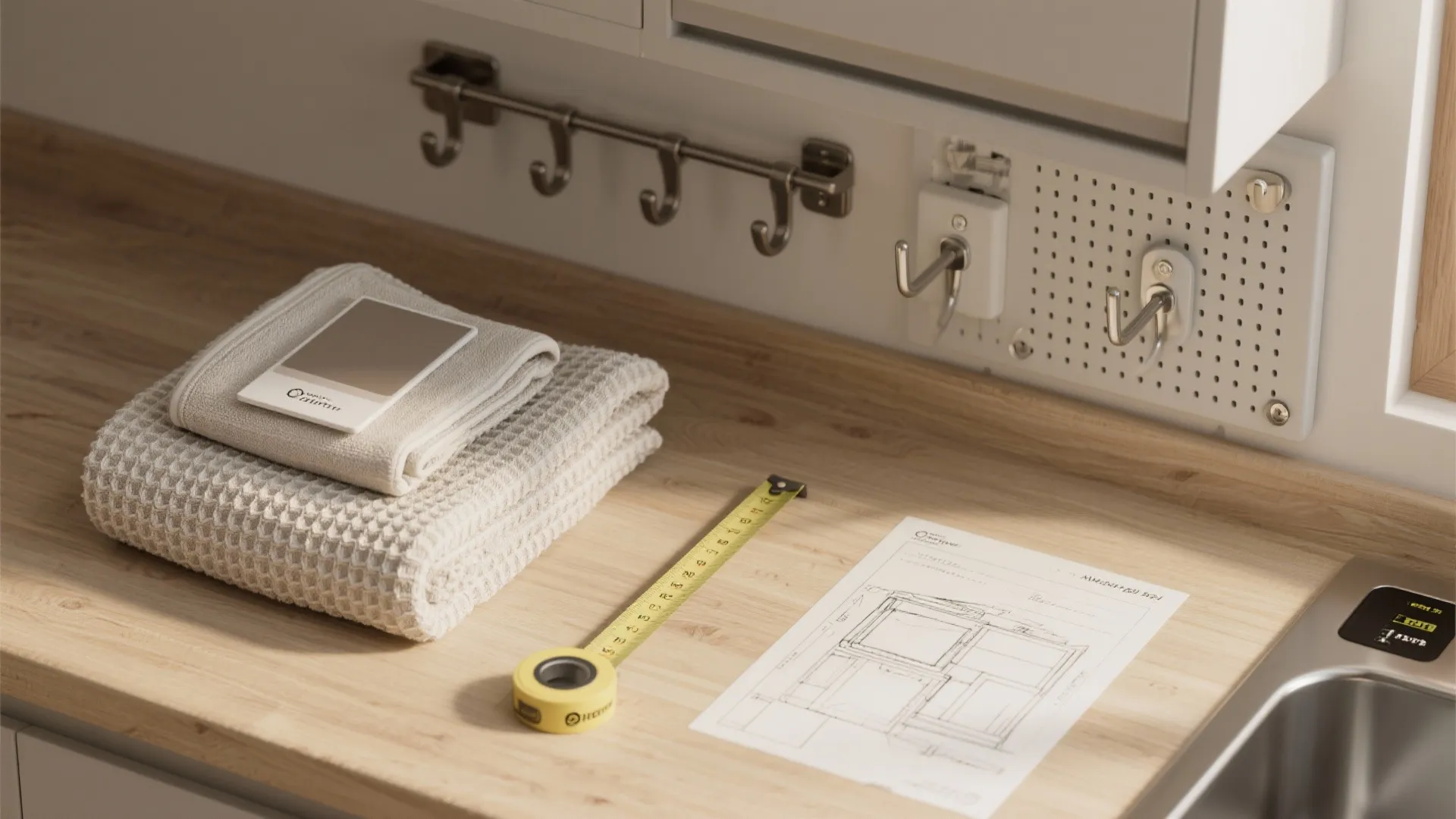 Wooden kitchen countertop with folded towels yellow measuring tape and a hand drawn interior design drawing