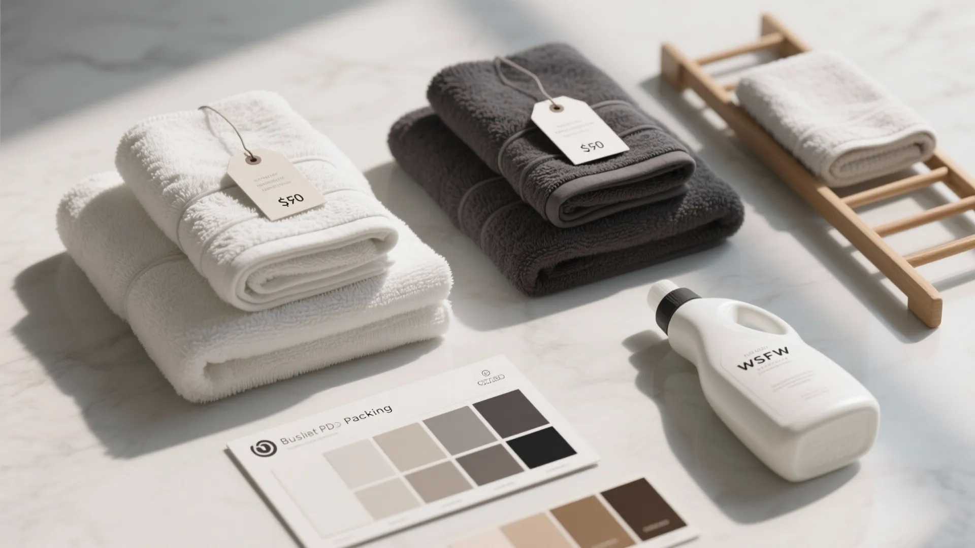 White and grey folded towels with price tags laundry bottle and color cards on marble
