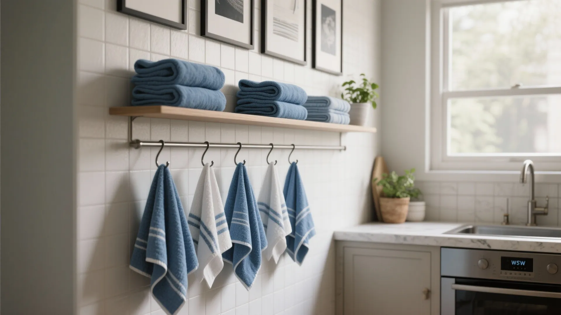Blue and white towels hanging on wall hooks below a wooden shelf in modern kitchen