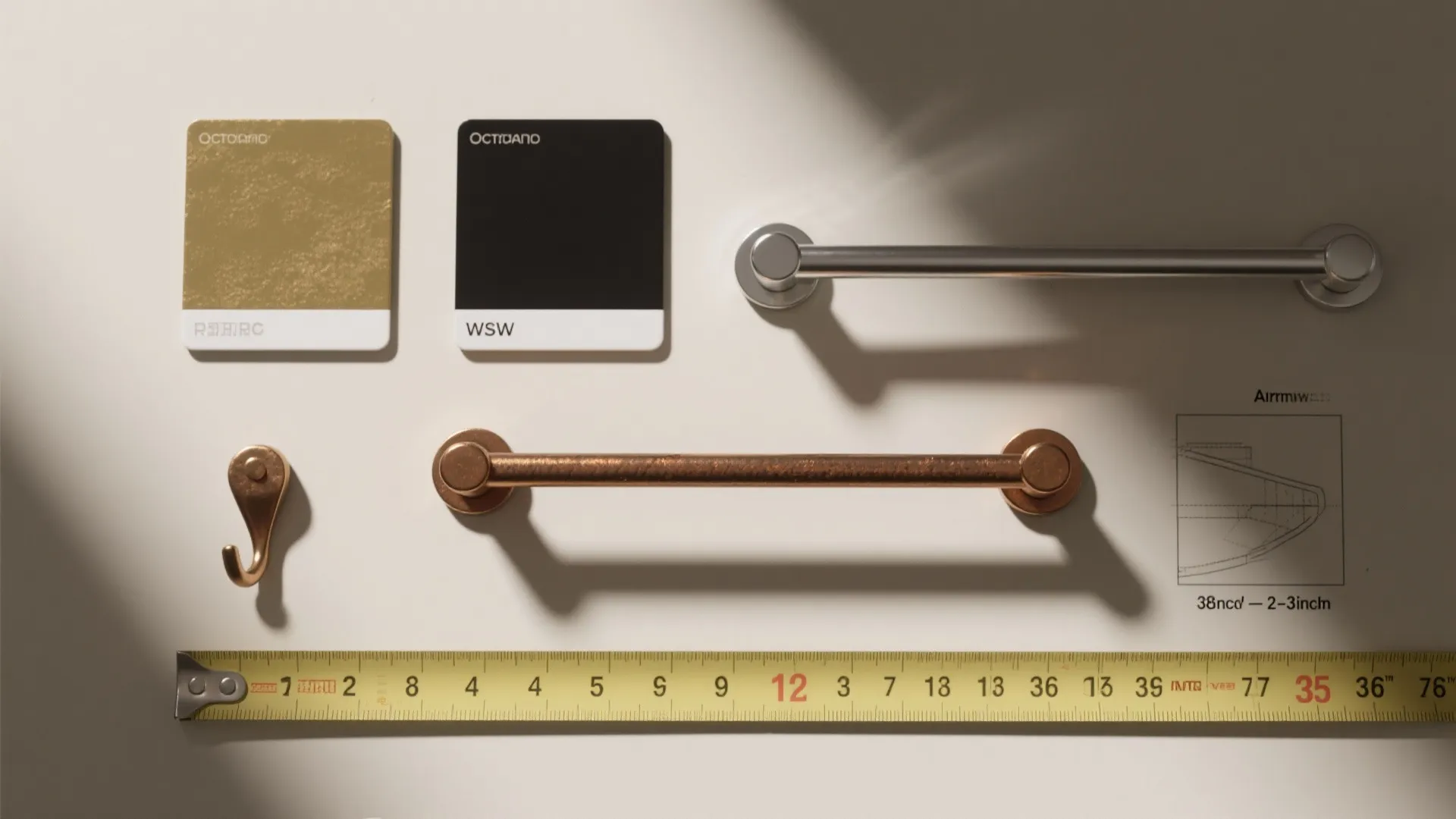 Flatlay of rustproof finish swatches, adhesive hook, towel bar and measuring tape with recommended heights.