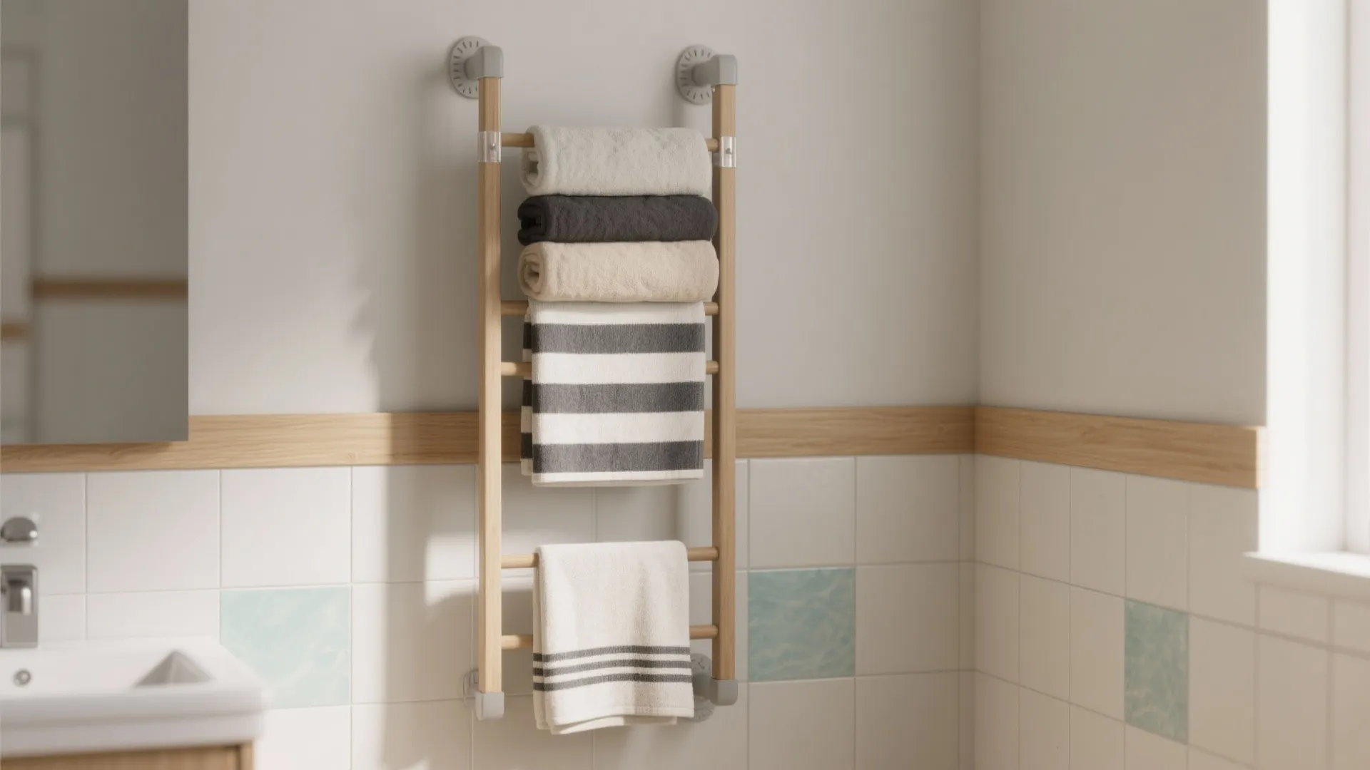 Slim leaning towel ladder with staggered colors in a small bathroom.