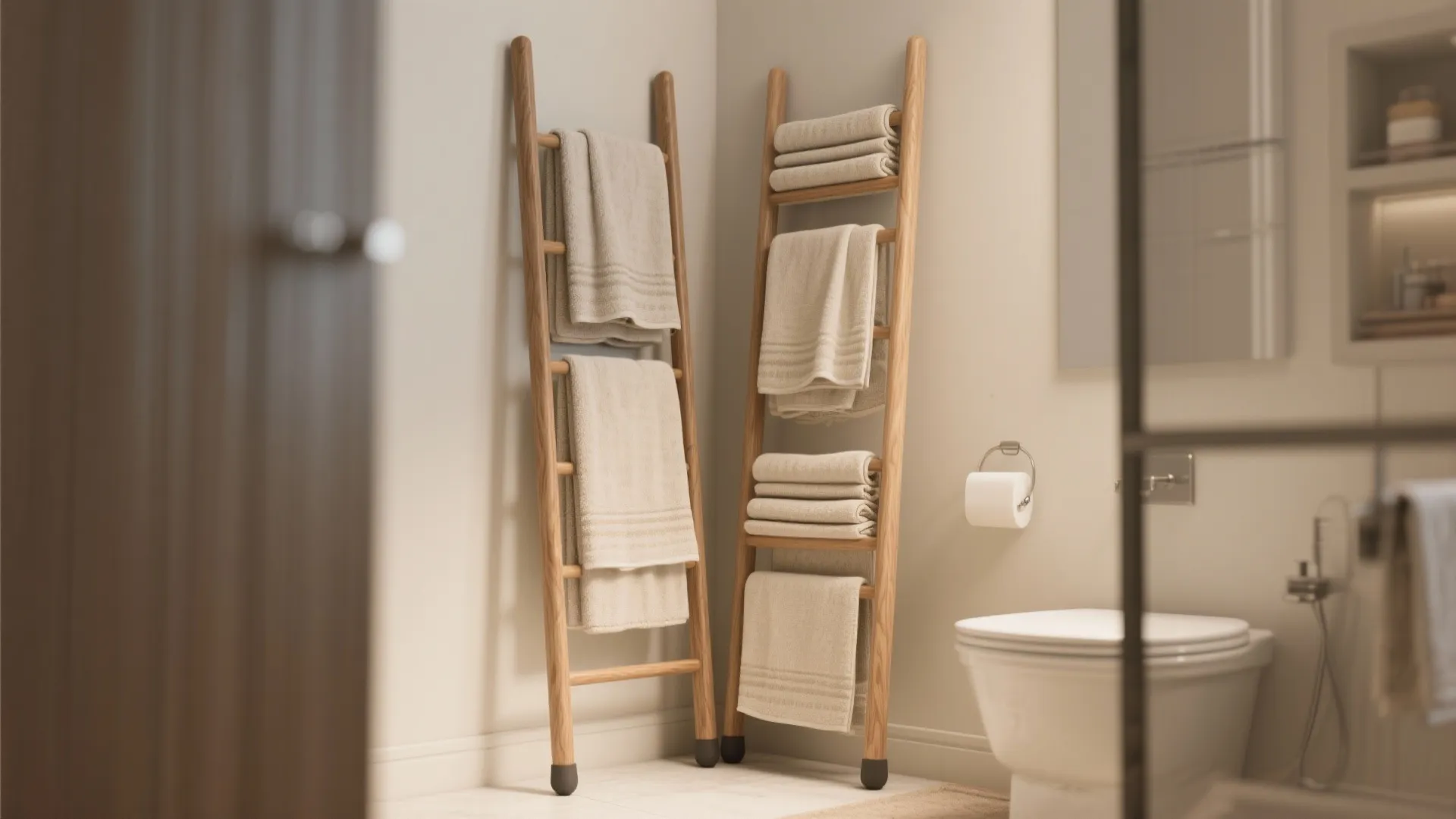 Leaning wooden towel ladder with rubber feet and multiple towels in a compact bathroom.