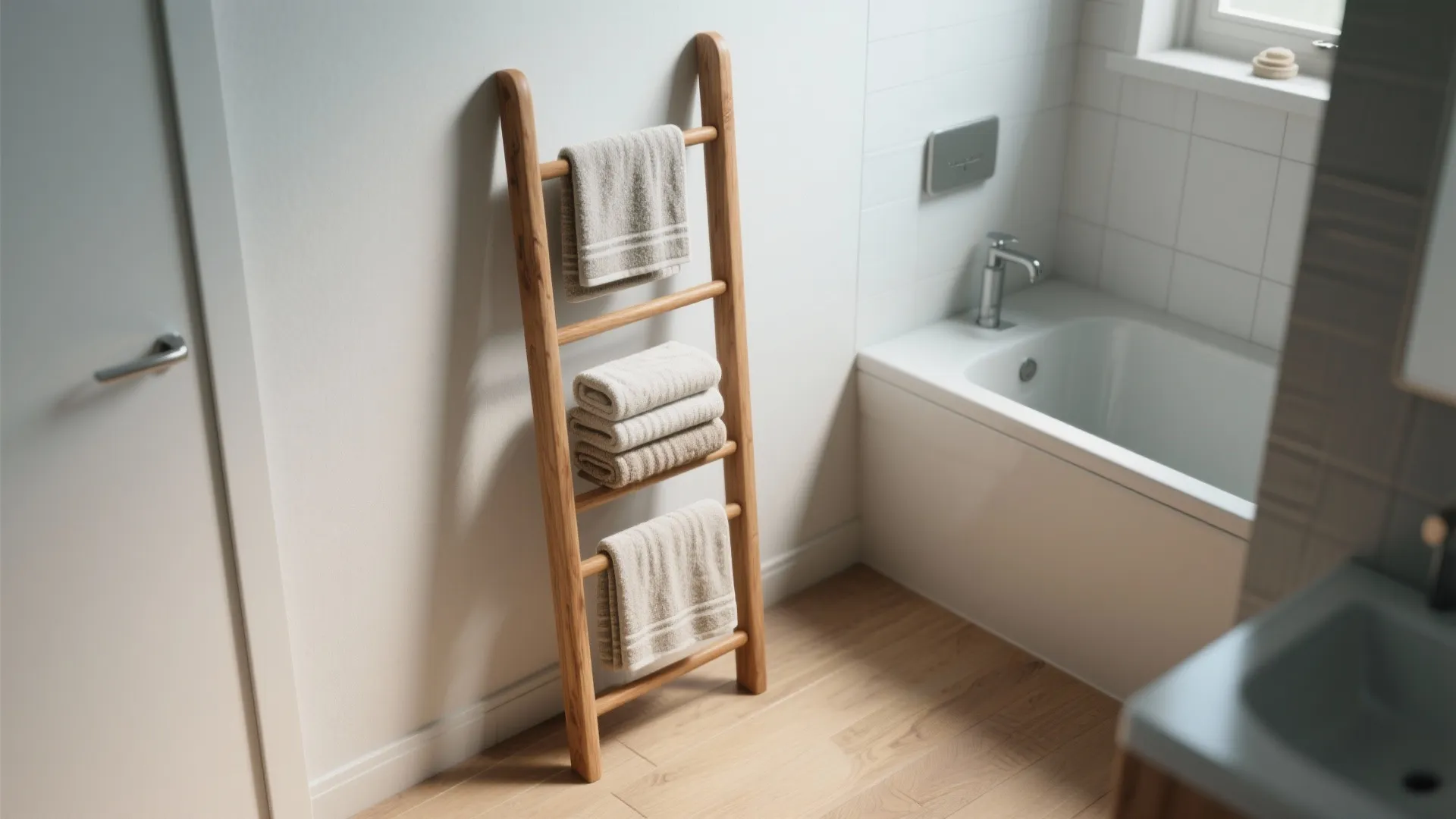 Narrow wooden towel ladder leaning against wall holding multiple towels in a small bathroom.