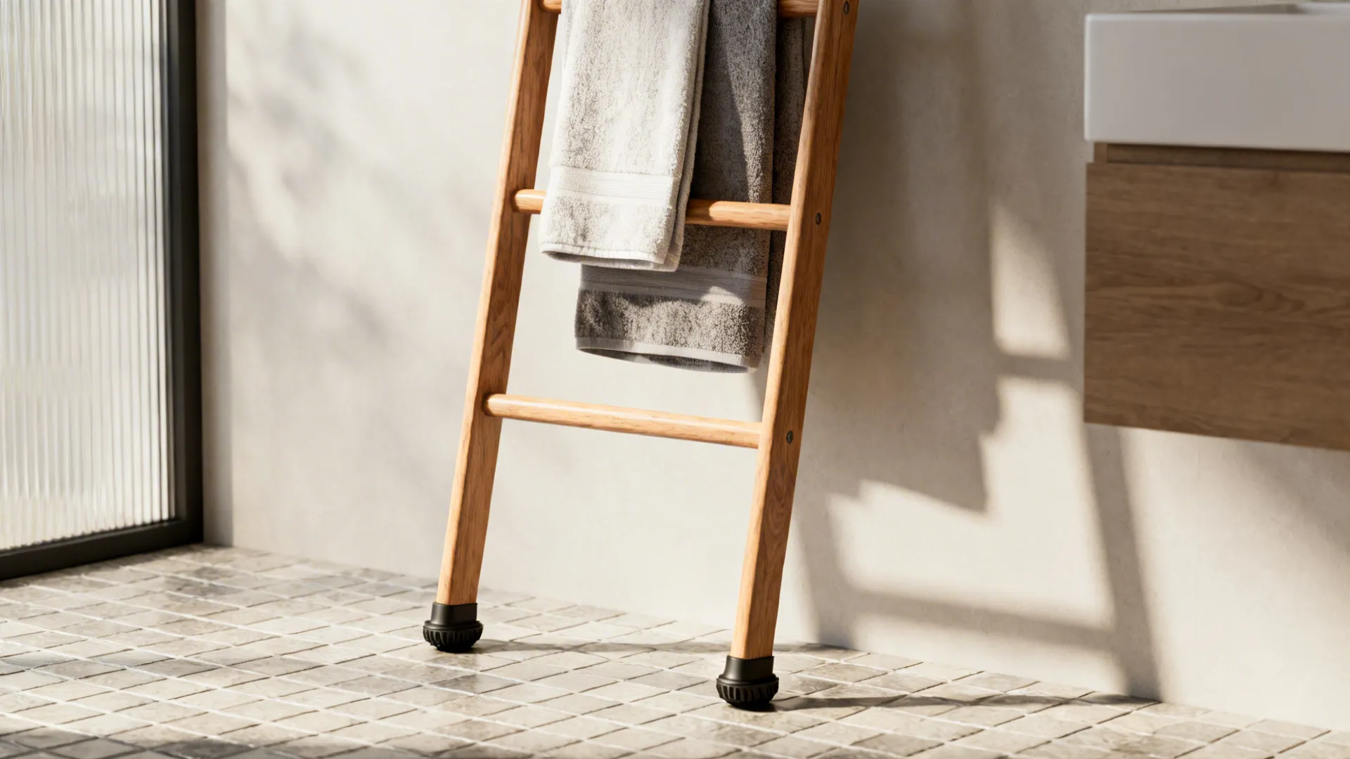 Leaned towel ladder used as a drying rail in a small bathroom