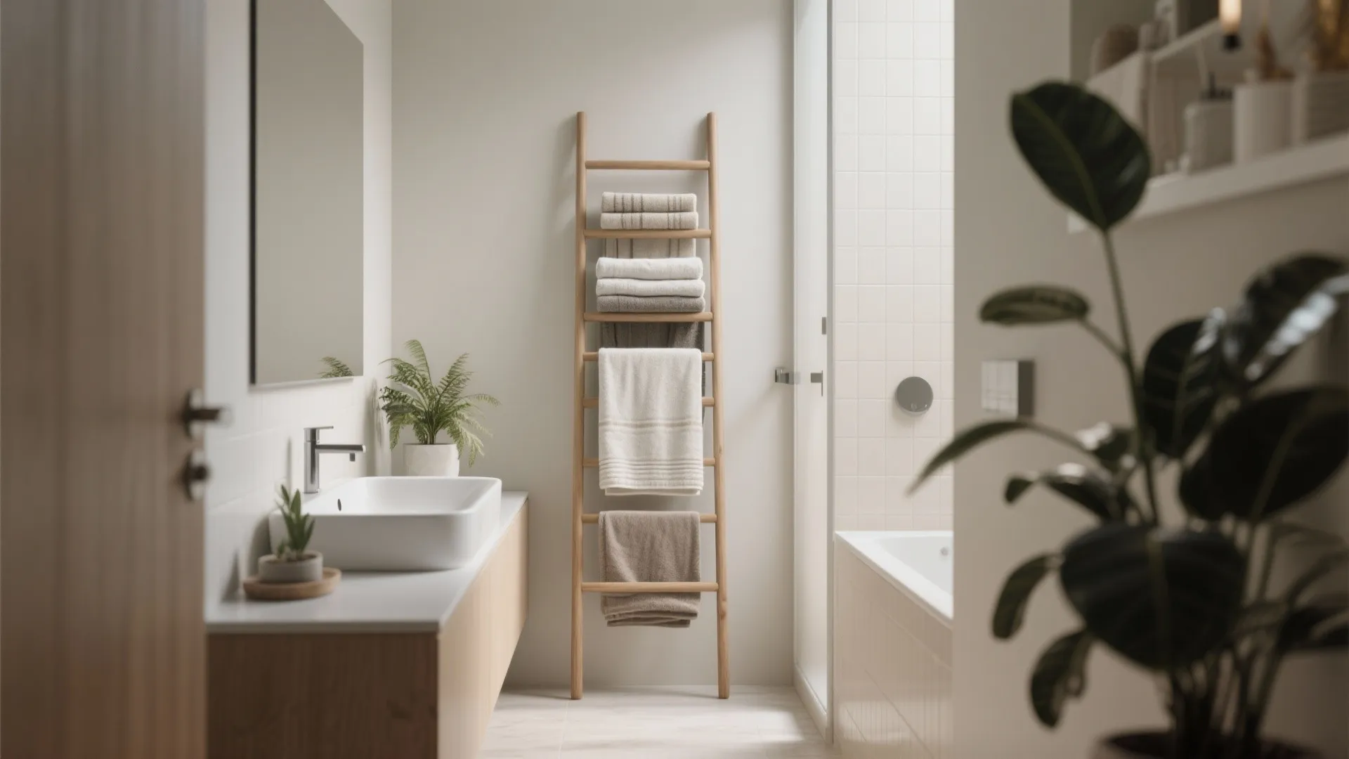 Minimalist bathroom with wooden towel ladder standing next to a white sink and green plants