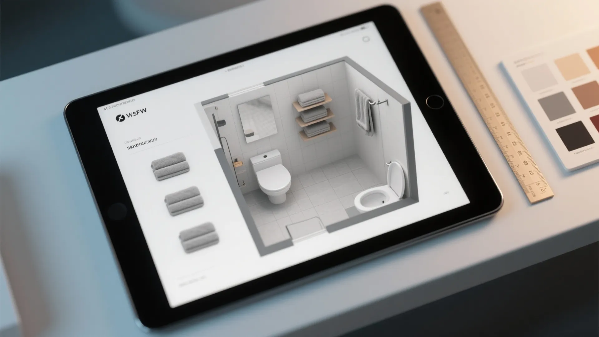 Tablet screen showing 3D bathroom interior design drawing with toilet and towels next to wooden ruler