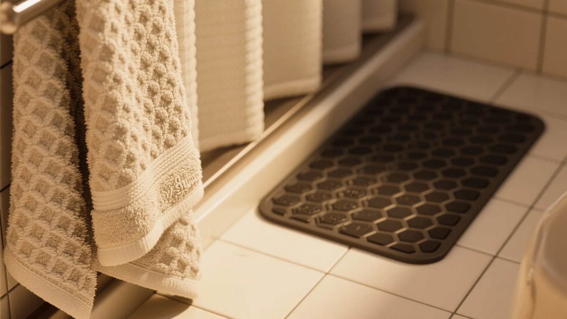White textured towel hanging next to black honeycomb pattern mat on white tiled bathroom floor