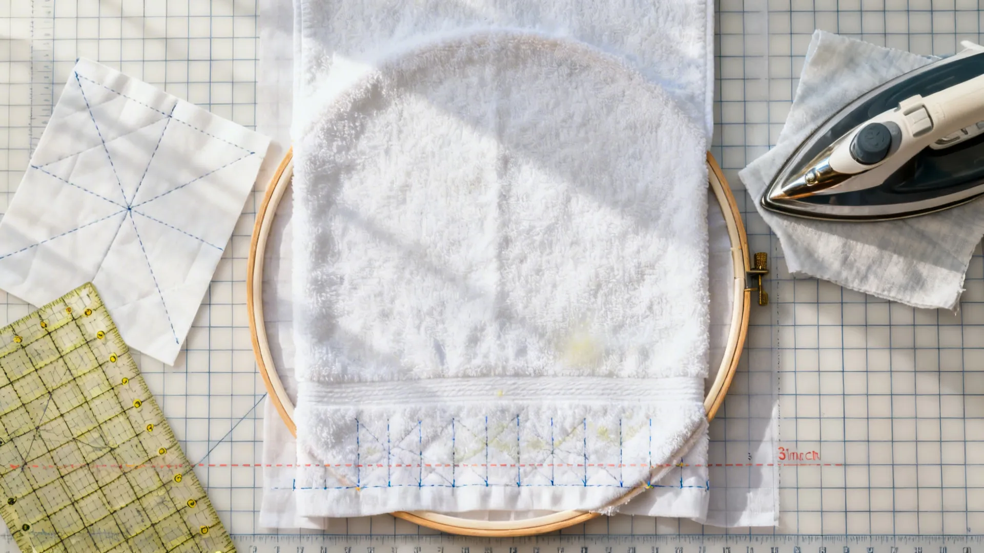 White towel placed in wooden embroidery hoop on grid mat next to iron and ruler