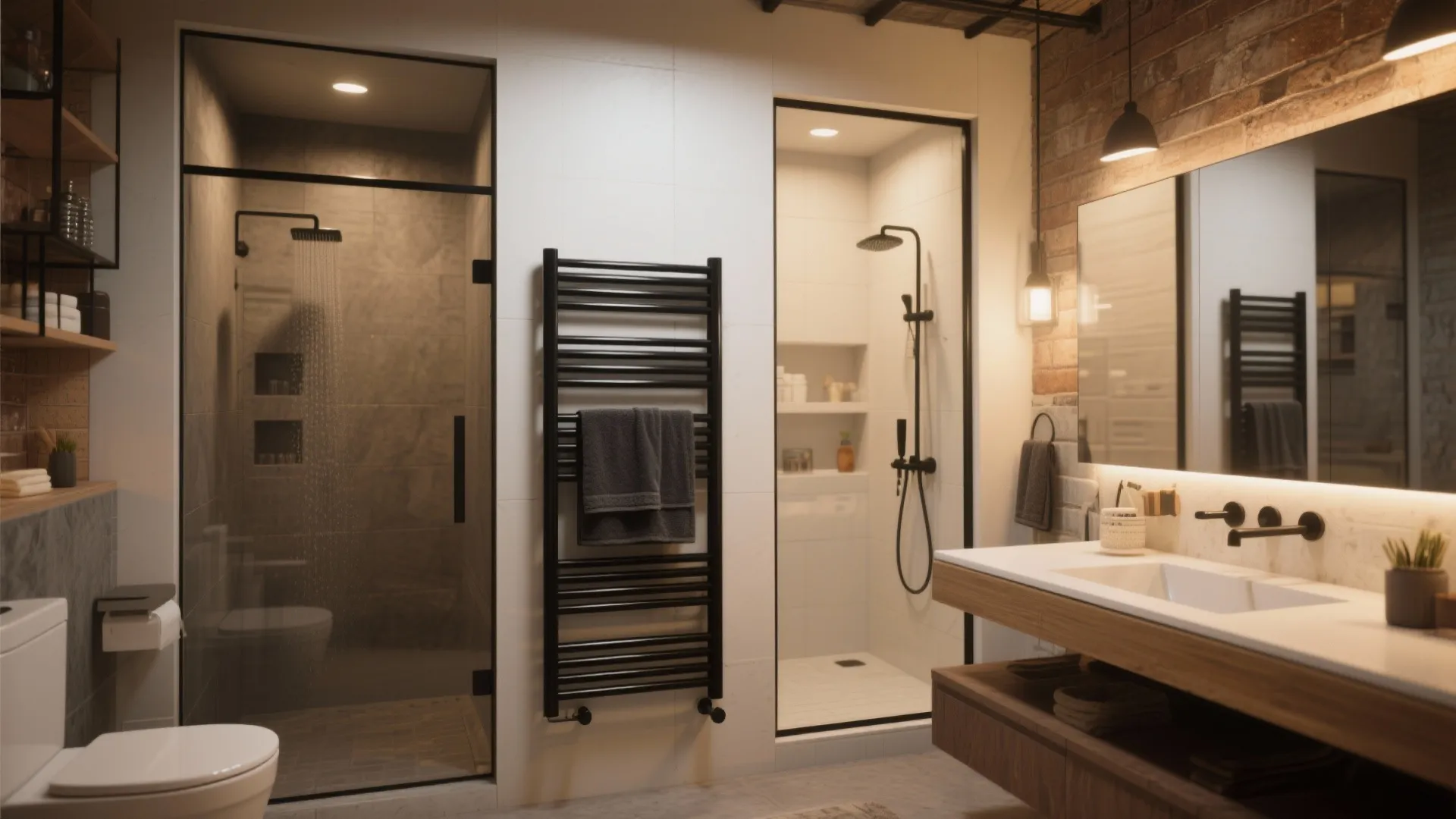 Modern bathroom featuring black wall towel rack with two walk in showers and wooden vanity