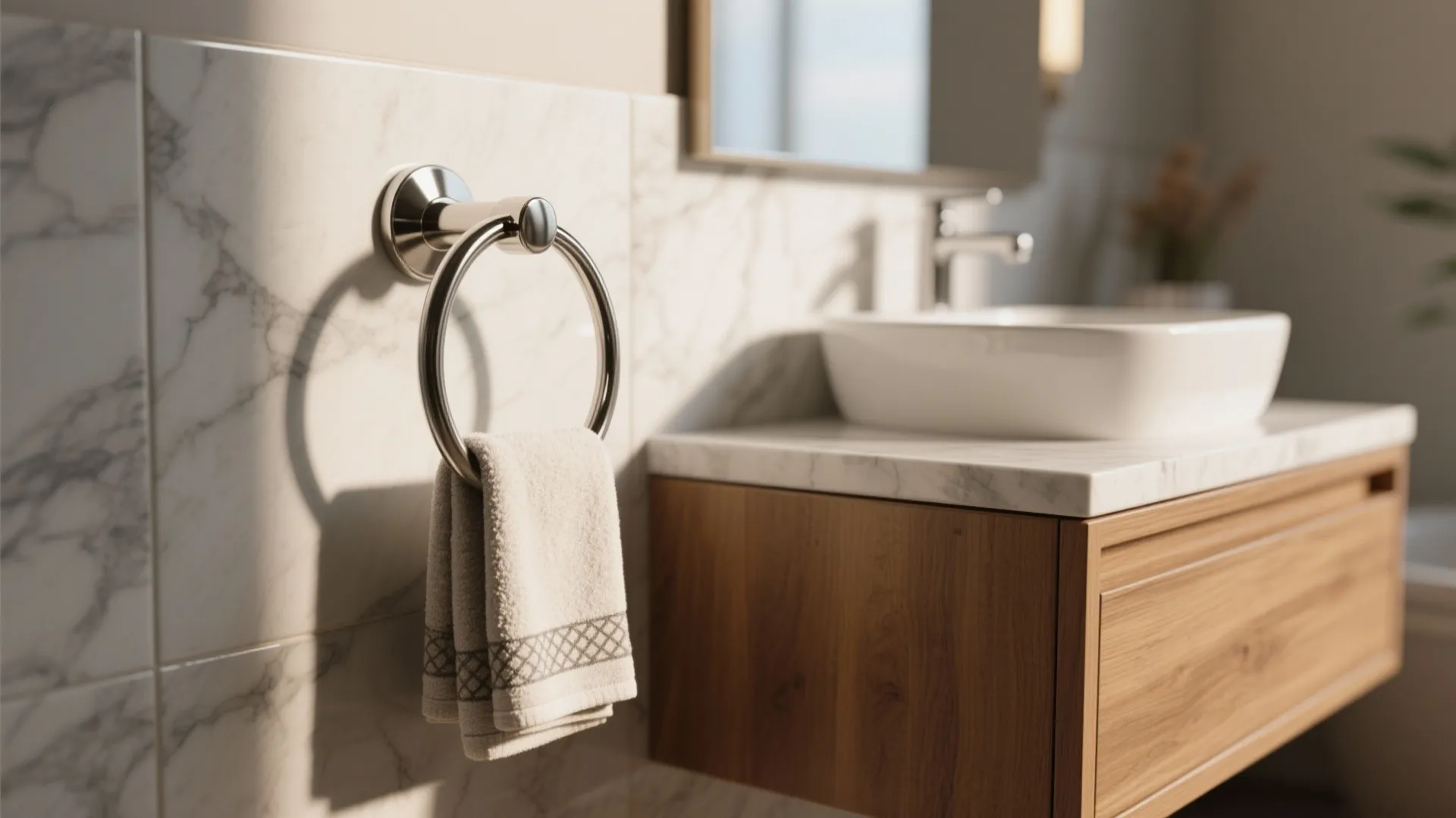 Metal towel ring on marble wall next to a white sink and wooden floating cabinet
