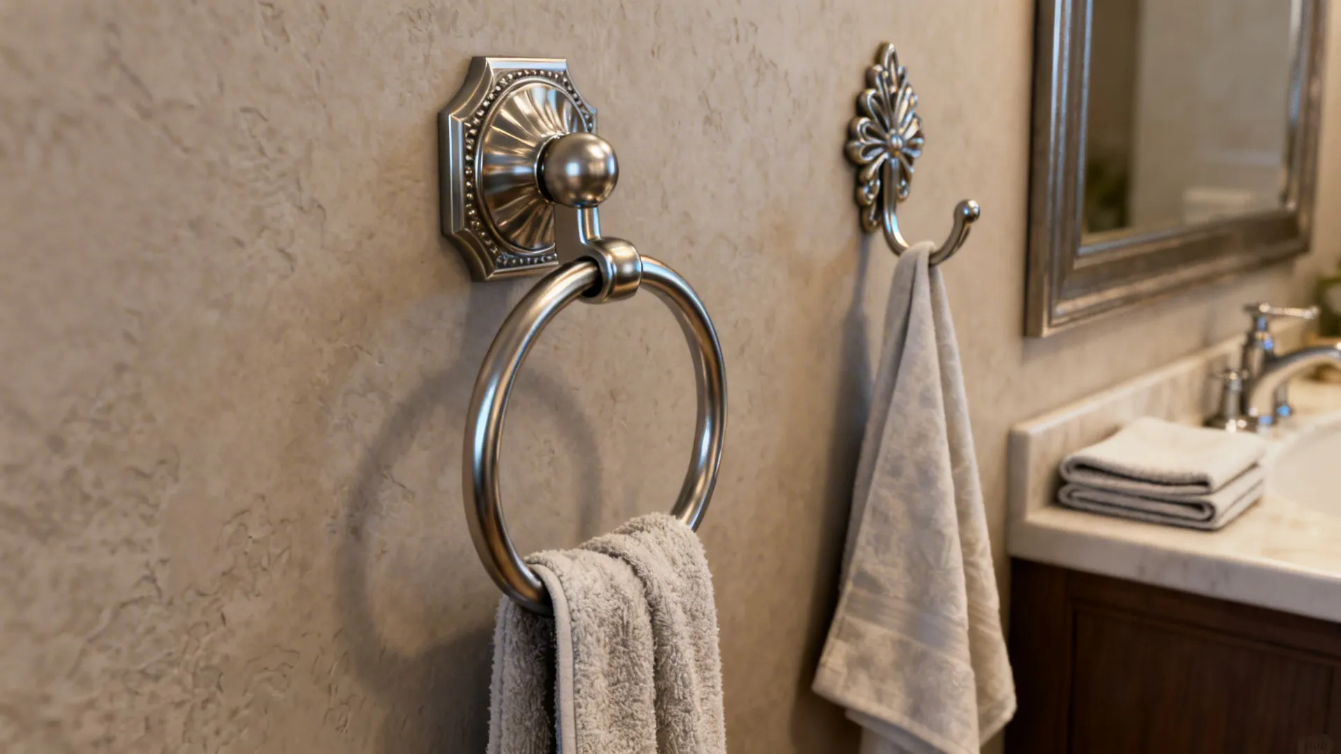 Towel ring and decorative hook holding towels near a bathroom vanity.