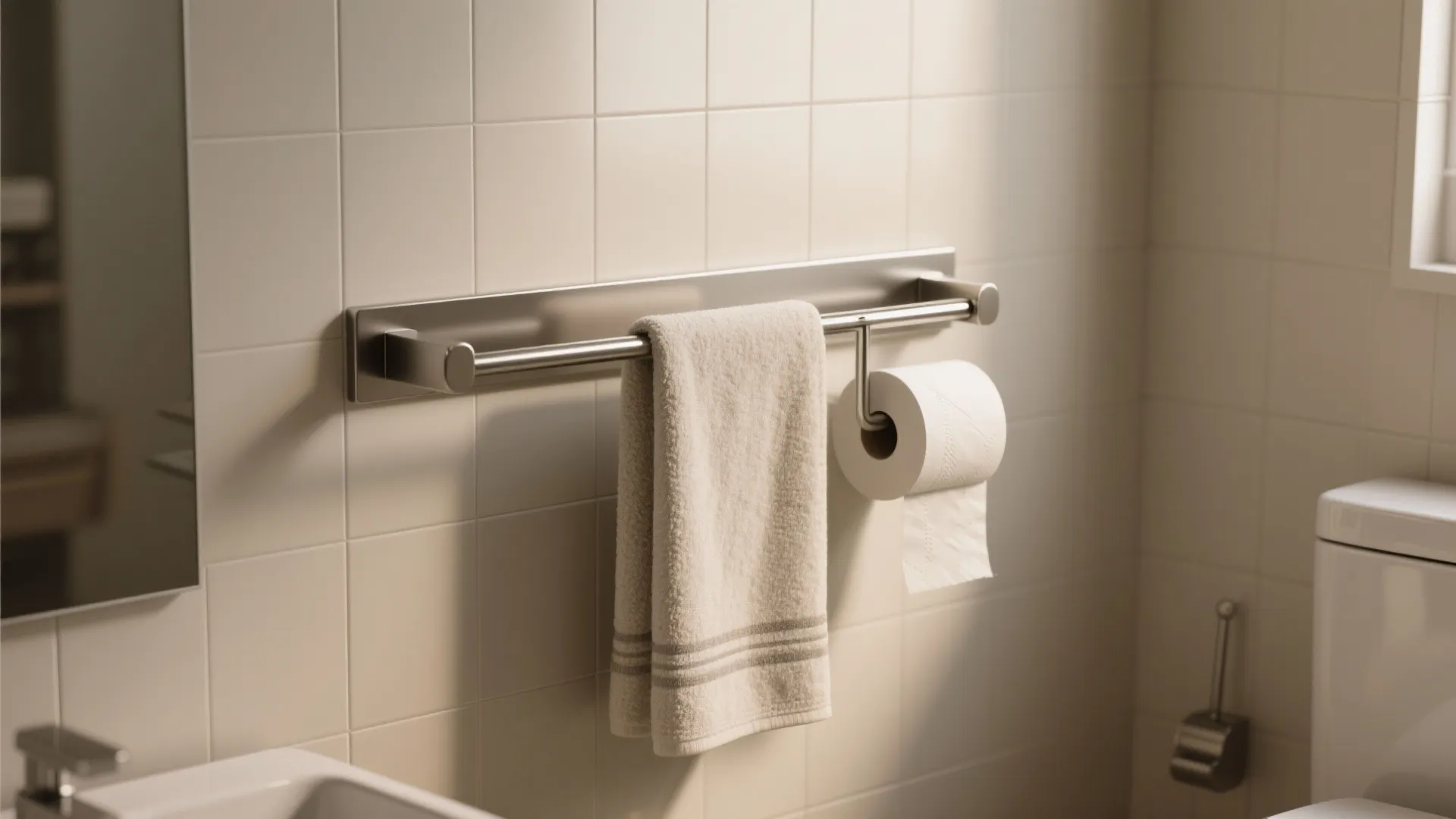 Slim combined towel rack and toilet paper holder installed in a tiny bathroom with matte metal finish.
