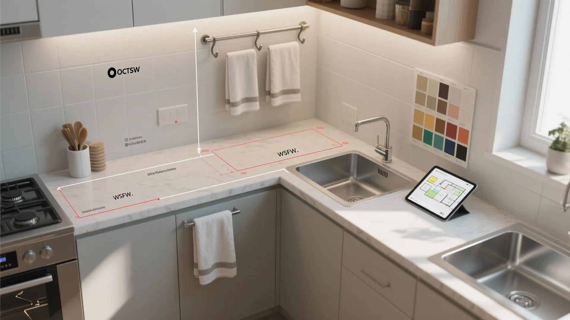 Modern kitchen with white marble countertop showing a digital tablet and sink with measurement markings