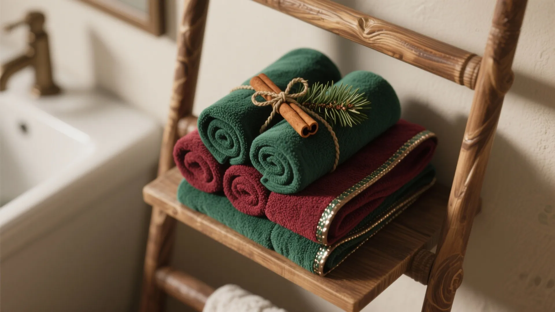 Green and red rolled towels with cinnamon stick decoration placed on a wooden ladder shelf