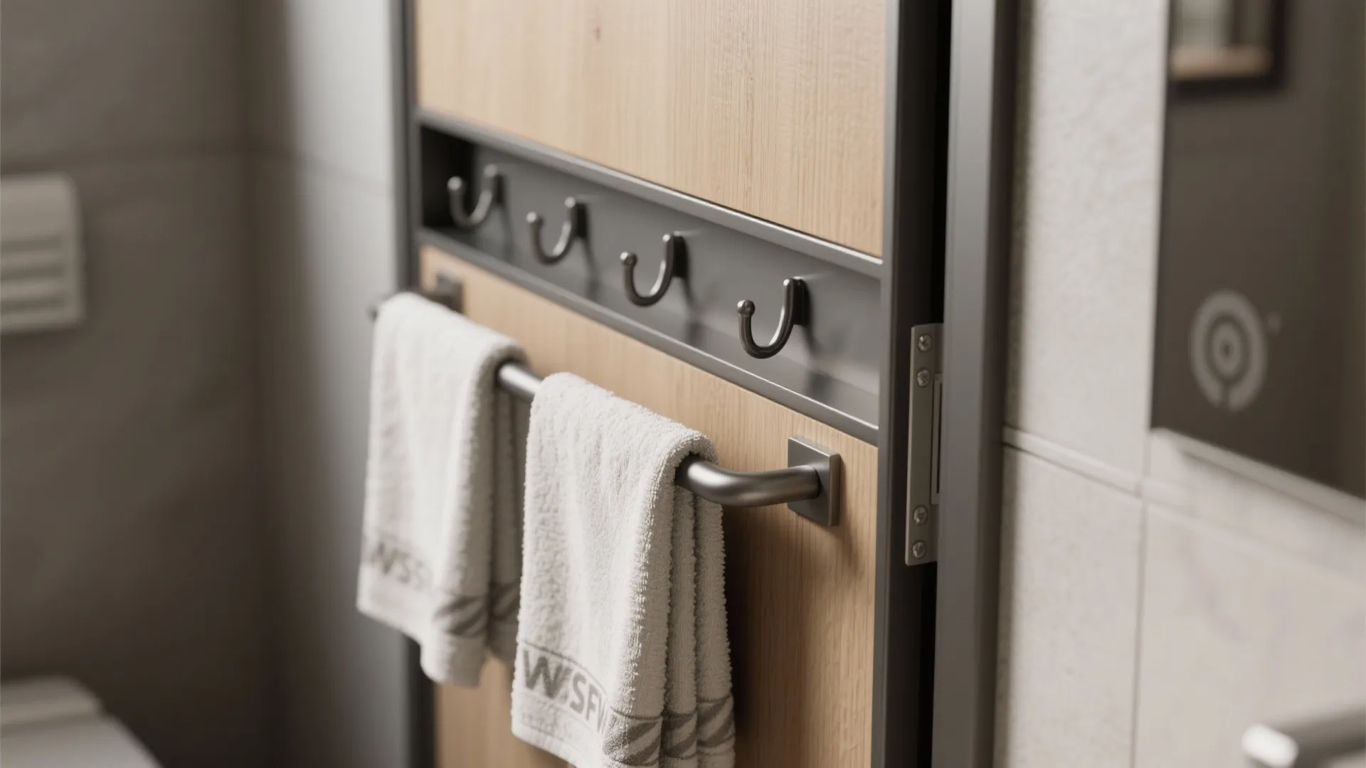 Pocket door face with integrated slim towel rails and hooks in a compact powder room.