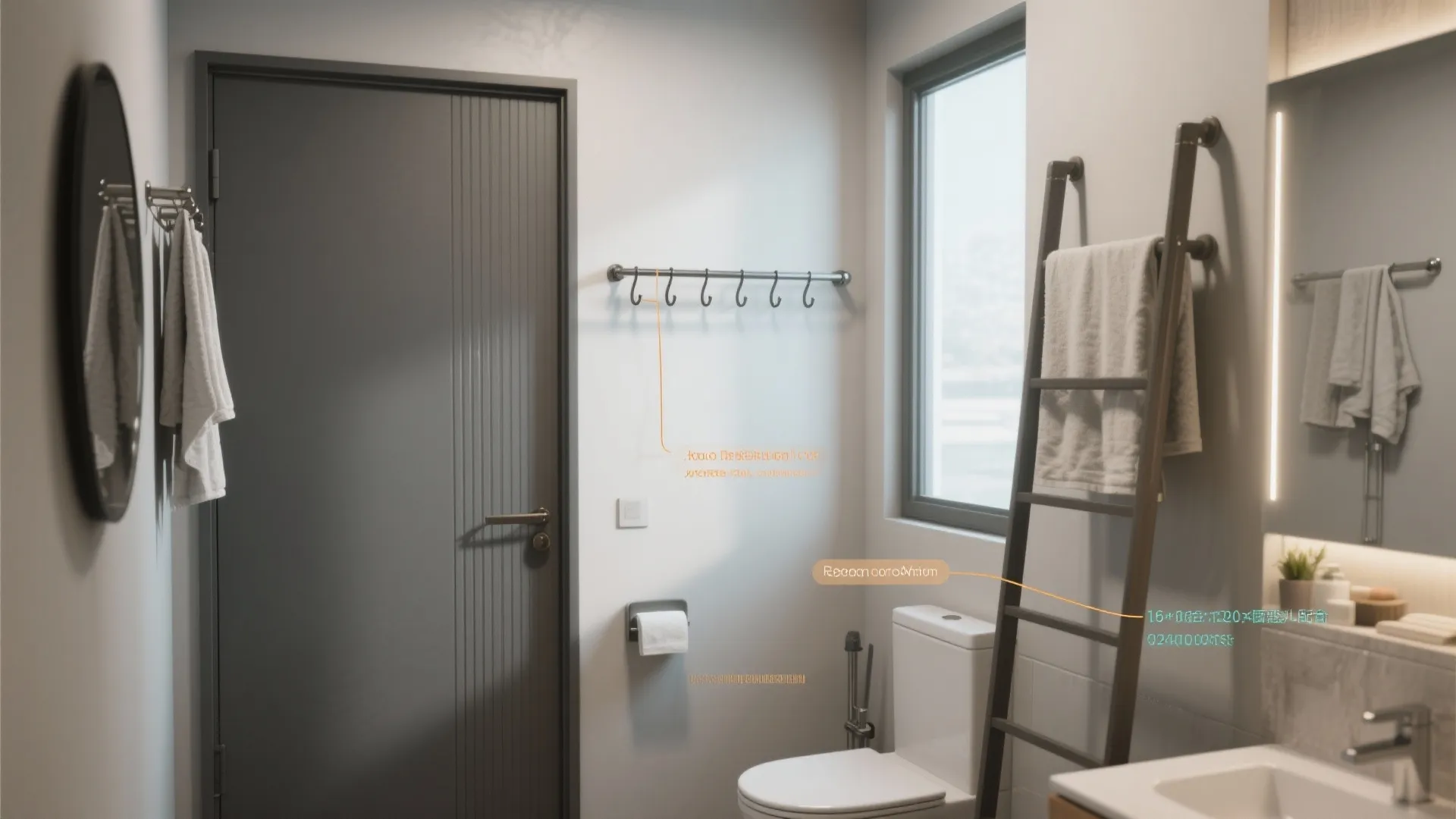Bathroom interior layout with toilet wooden ladder towel rack wall hooks and round black mirror