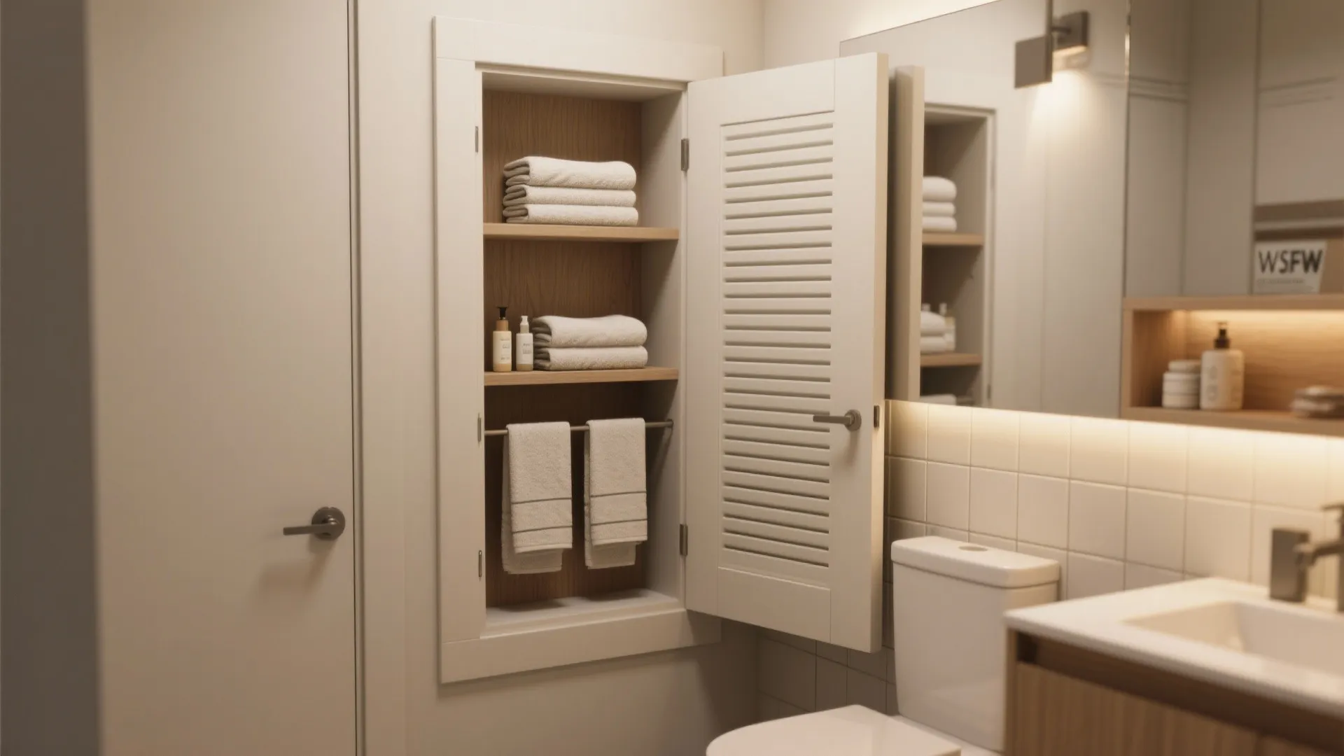 Built in bathroom wall cabinet with white door open showing stacked towels on wooden shelves