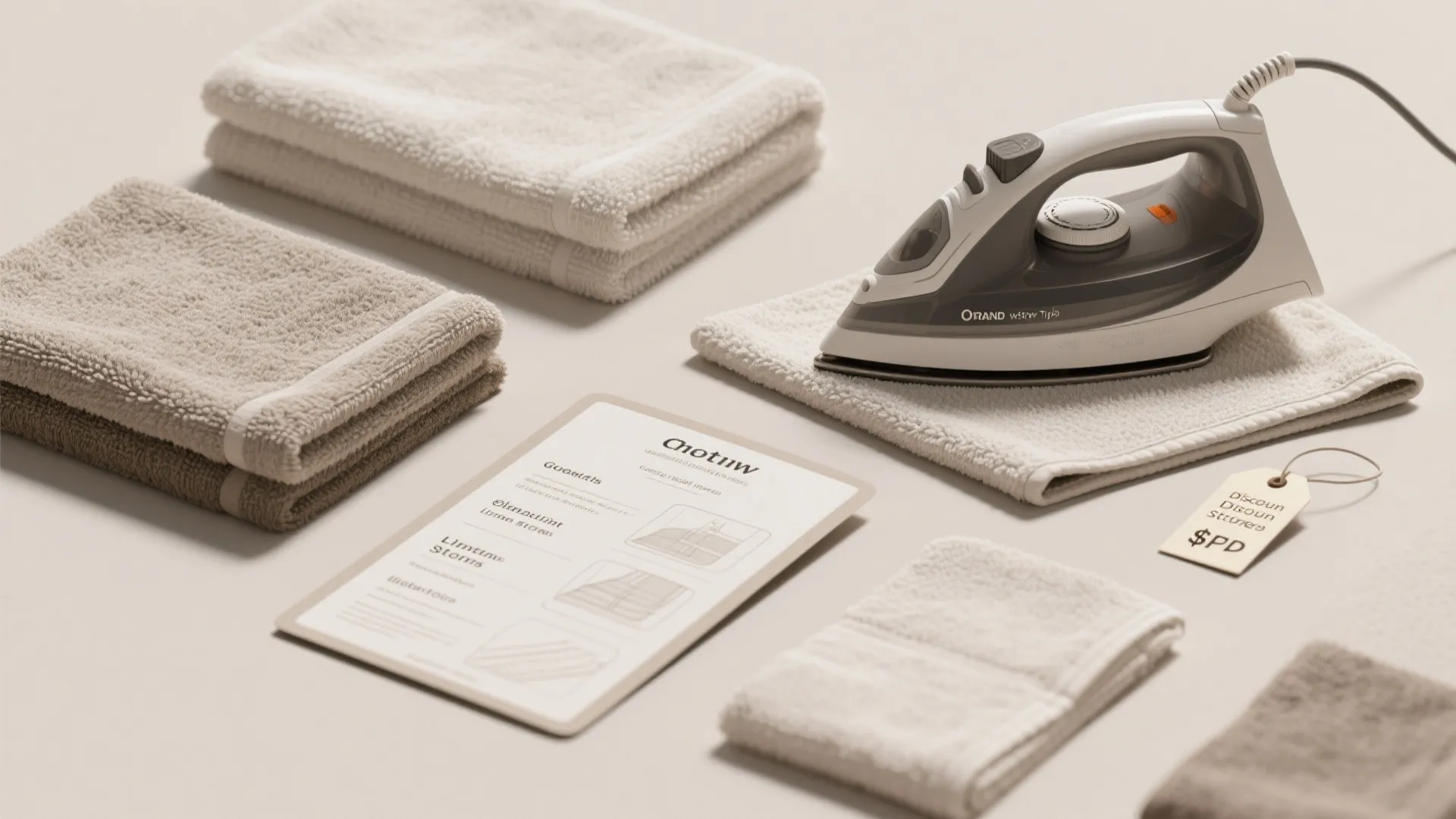 Modern electric iron resting on white folded towels with product labels and simple price tag