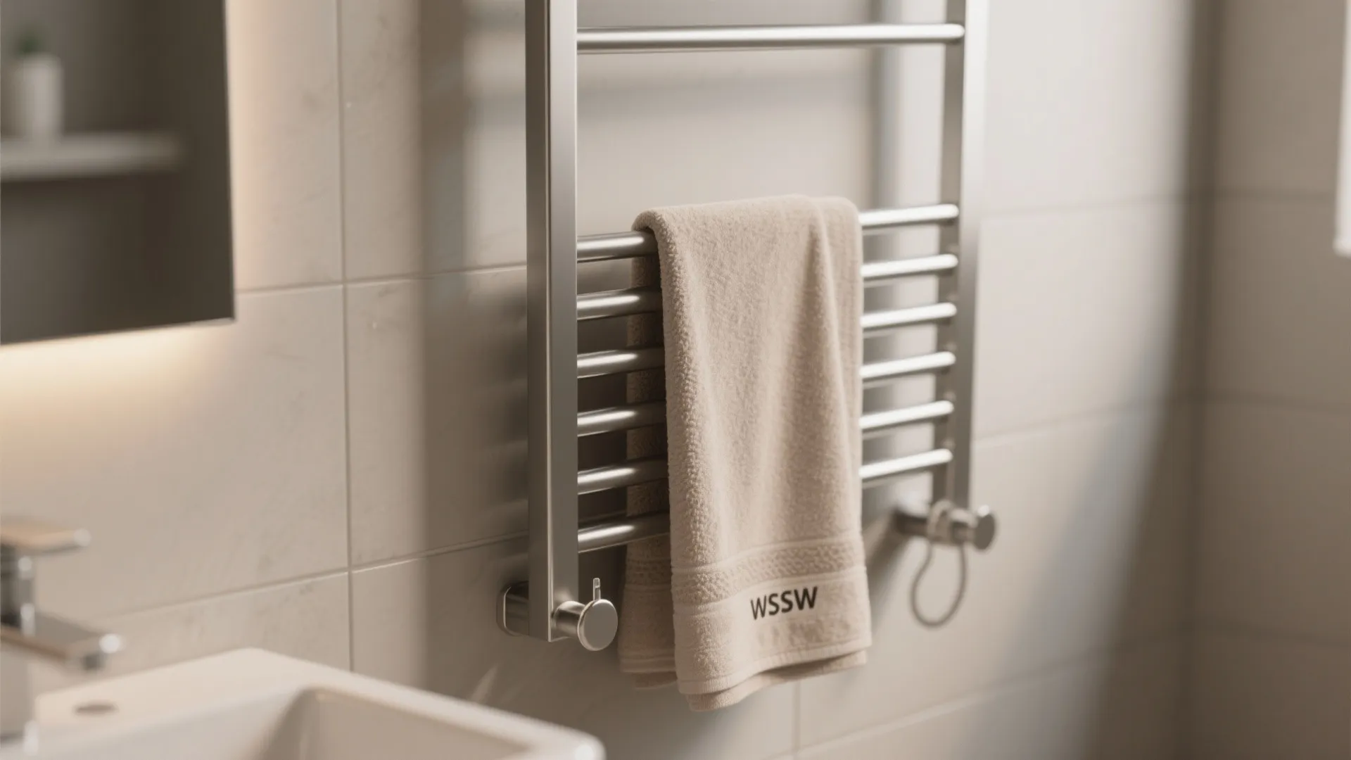 Metal bathroom towel rack mounted on tiled wall holding a folded beige towel near sink