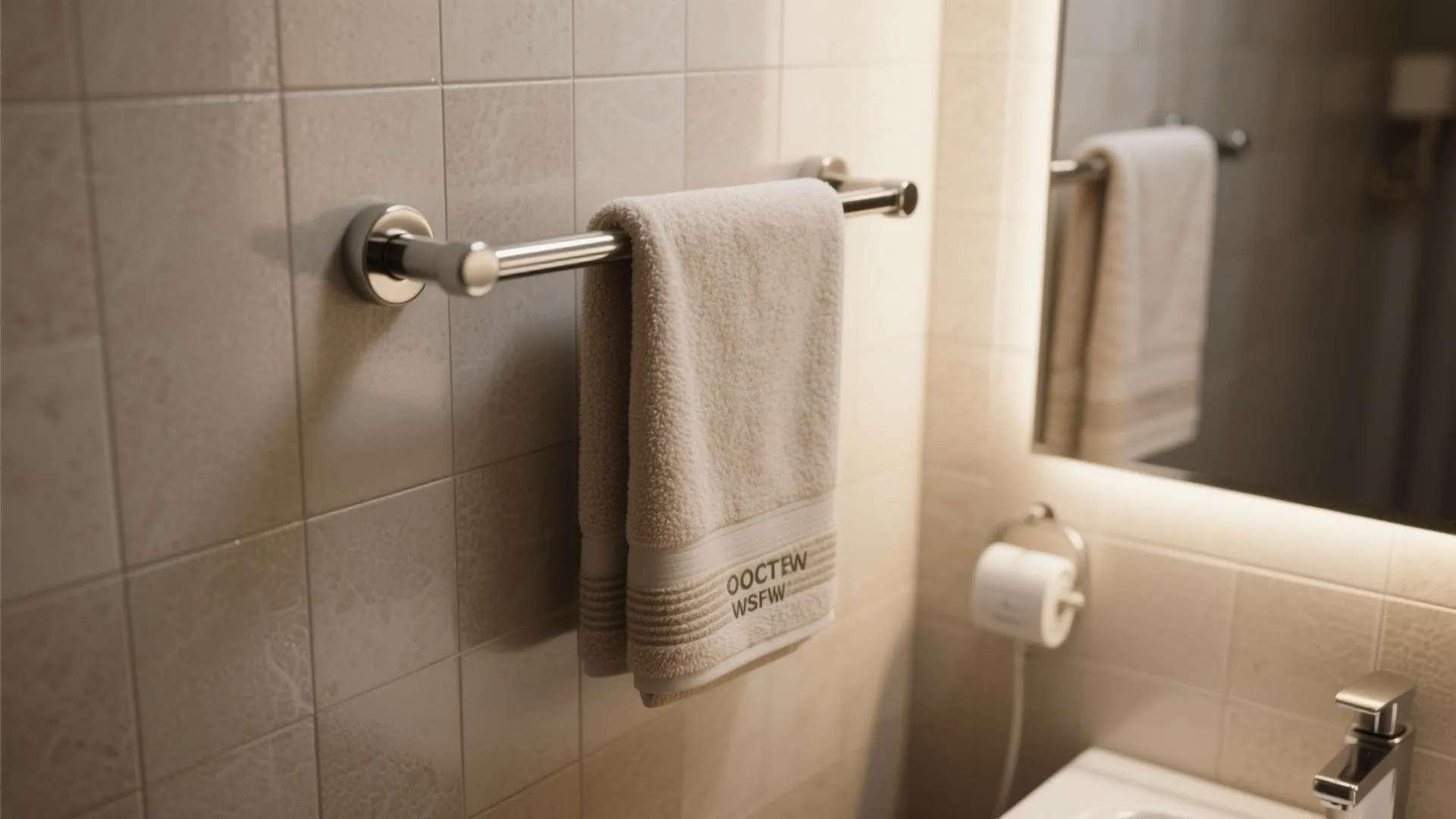 Chrome wall-mounted towel warmer with warm folded towels in a small ensuite