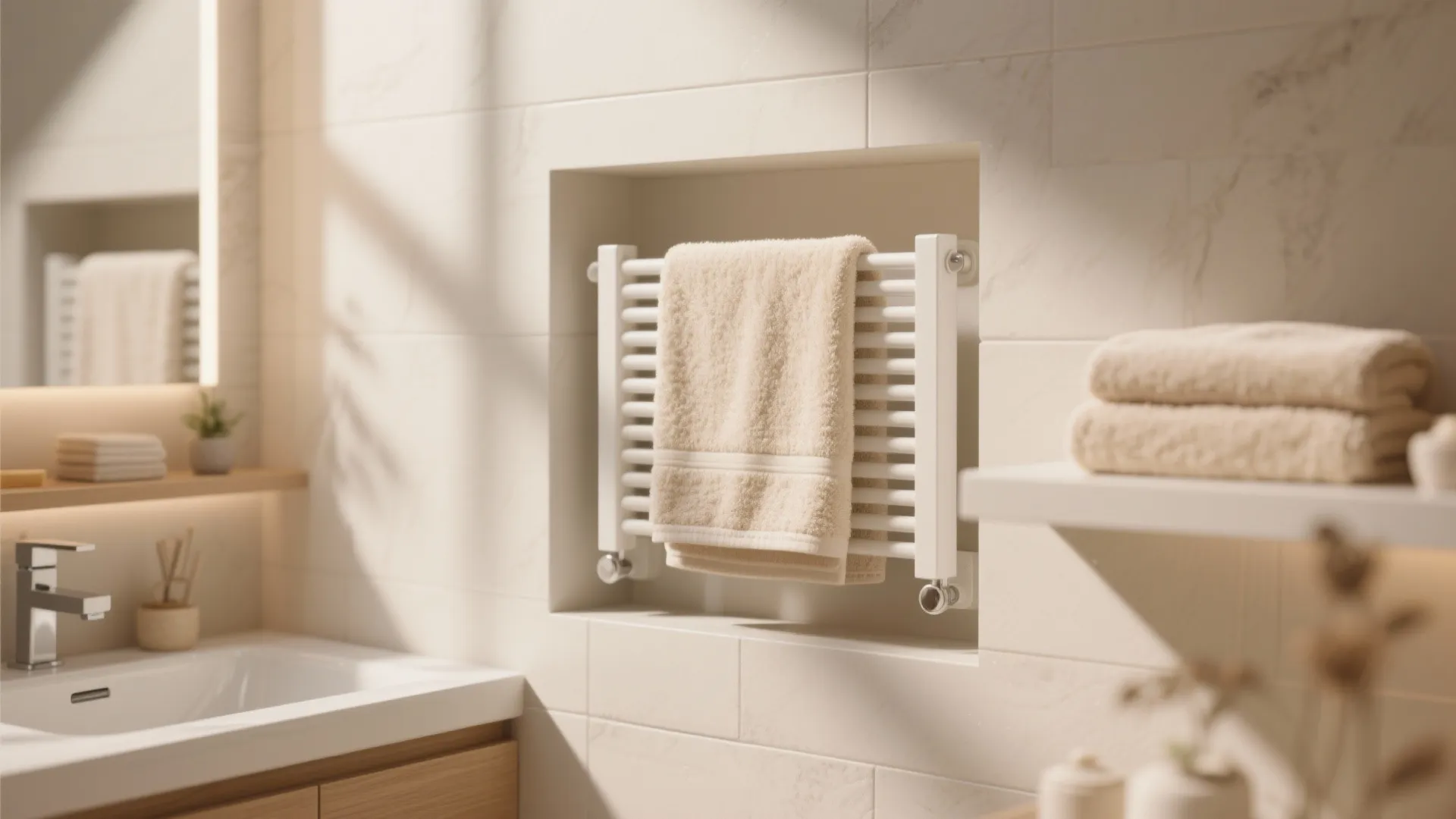 Modern bathroom with white towel rack inside wall niche next to wooden vanity and sink