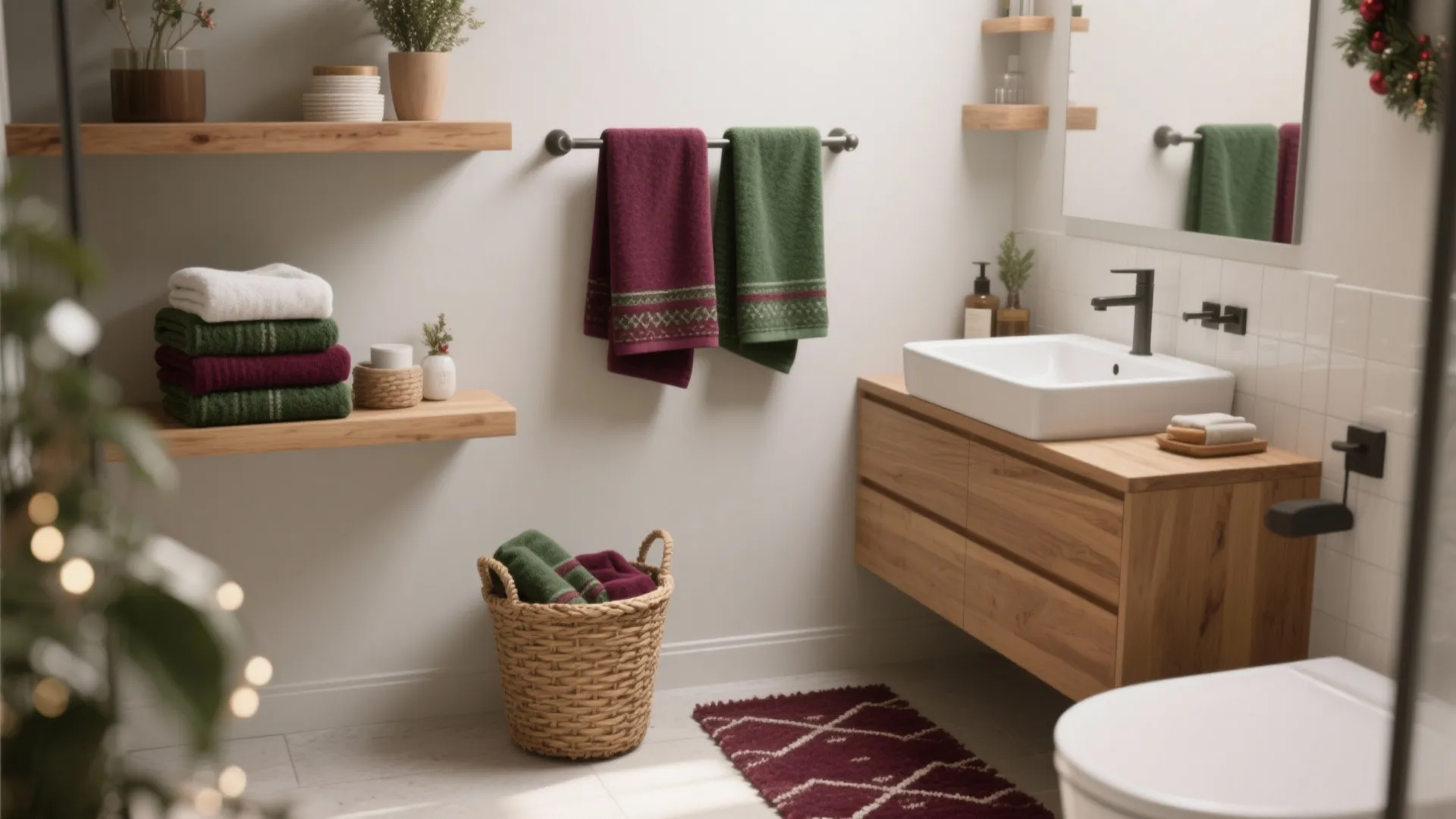 Modern bathroom with wooden cabinet white sink green and red towels and a woven basket
