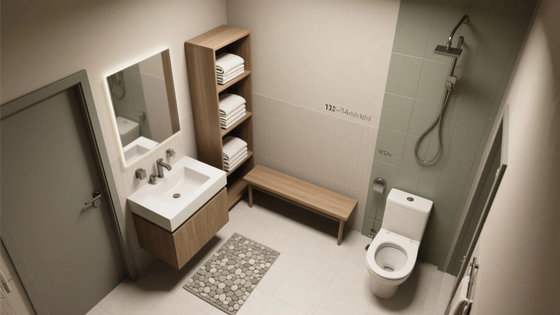 Small bathroom layout with white toilet wood bench shower head white sink and towel shelves