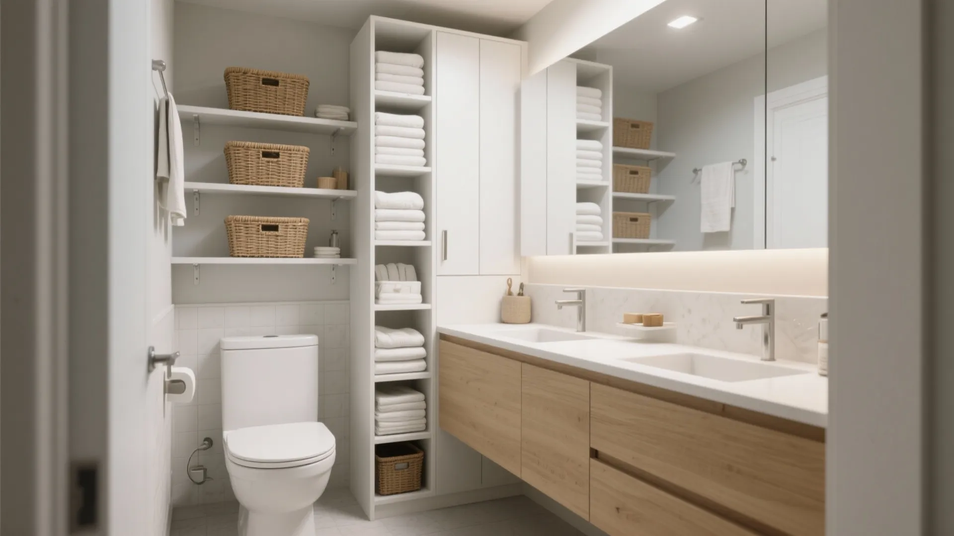 Slim linen tower and shallow bridge cabinet above toilet in a compact bathroom.