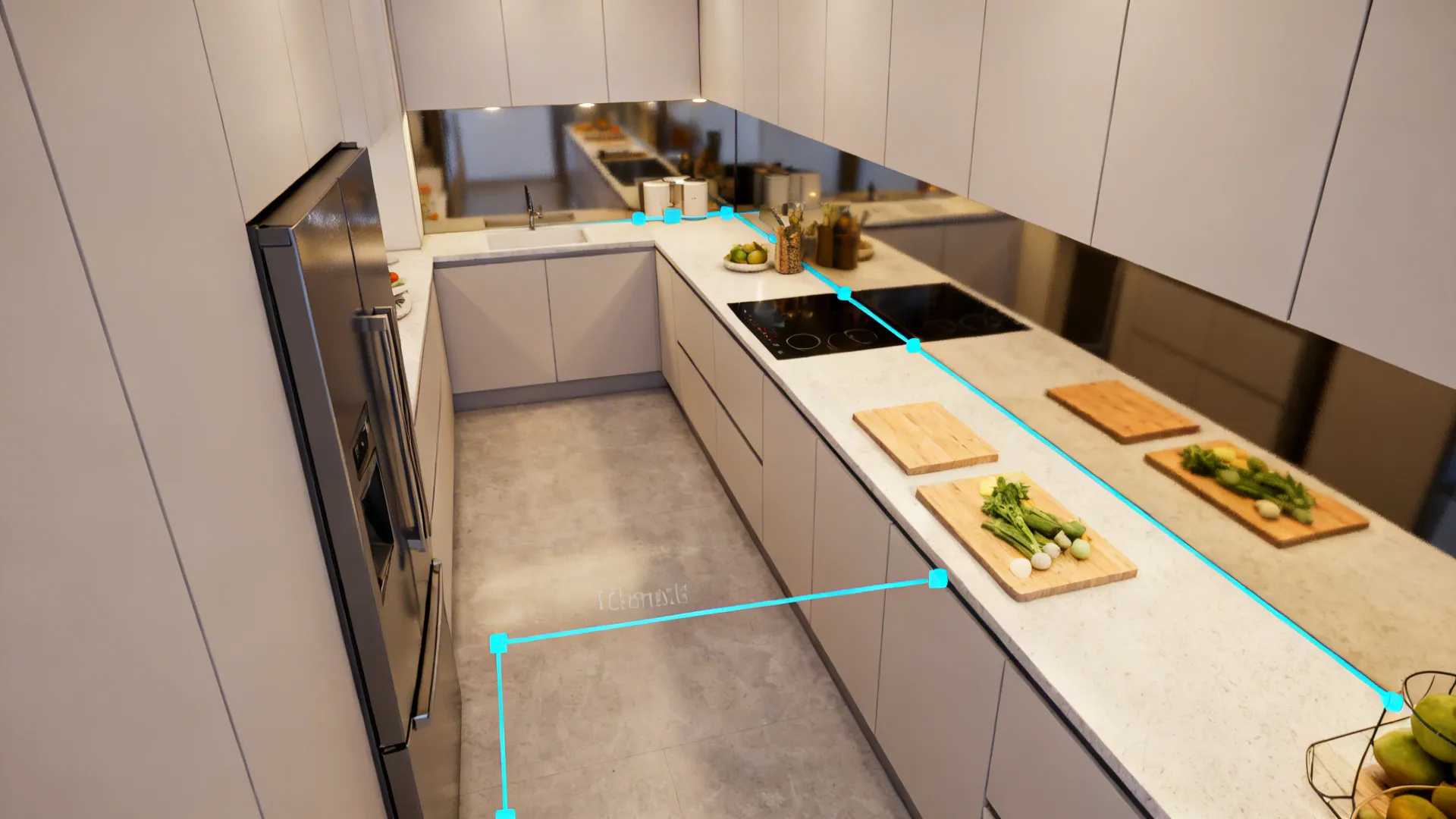 Top-down view showing appliance tower opposite prep space to improve kitchen flow.