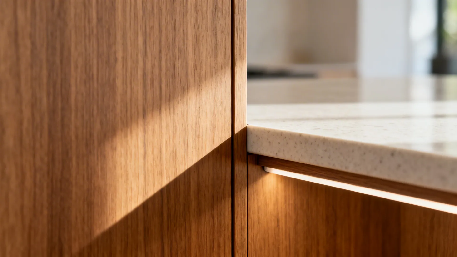 Close-up of a wood tower meeting a quartz countertop with precise joinery and soft LED light.