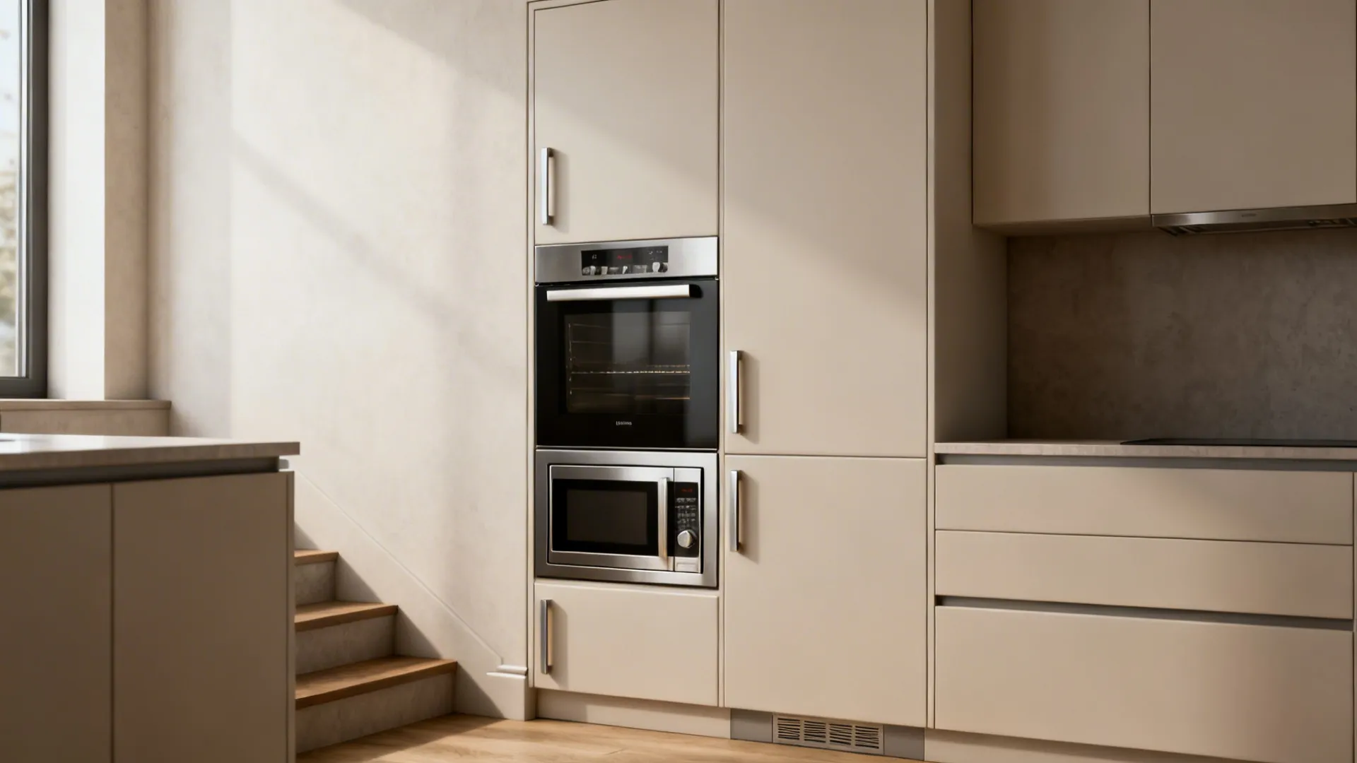 Built-in microwave-over-oven column with ergonomic heights in a compact kitchen