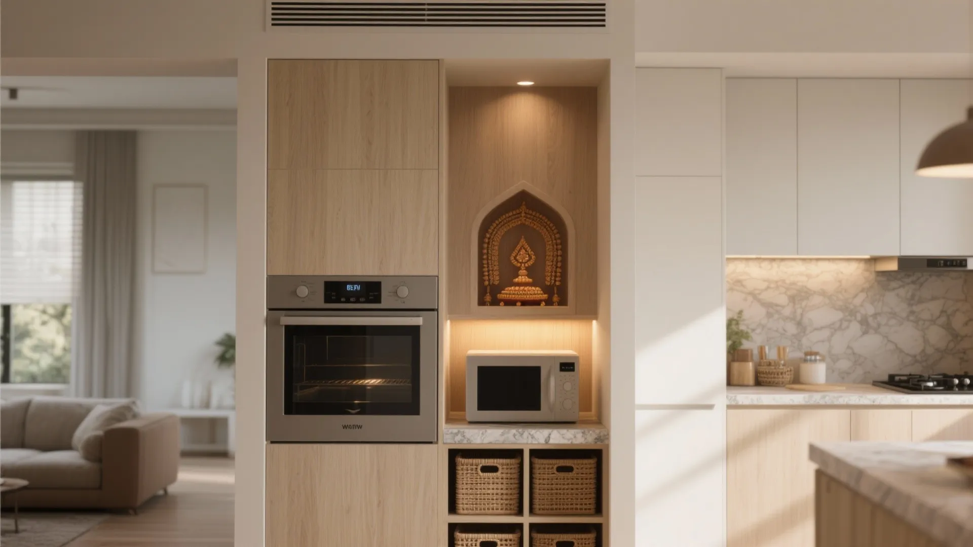Modern kitchen with wood cabinet built-in oven microwave and small altar next to living room