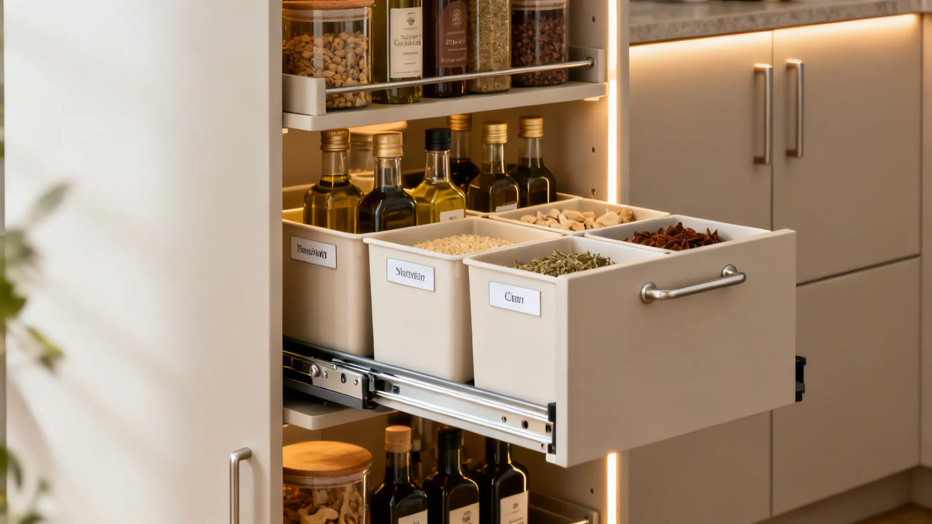 Close-up of a pull-out tower pantry with organized bins and oils.
