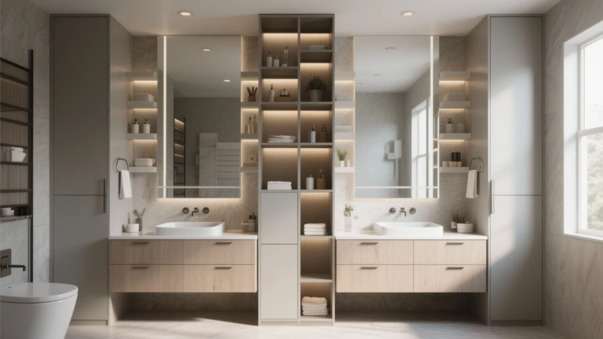 Bathroom interior design featuring two sinks wooden cabinets mirrors and tall storage shelves with warm lights