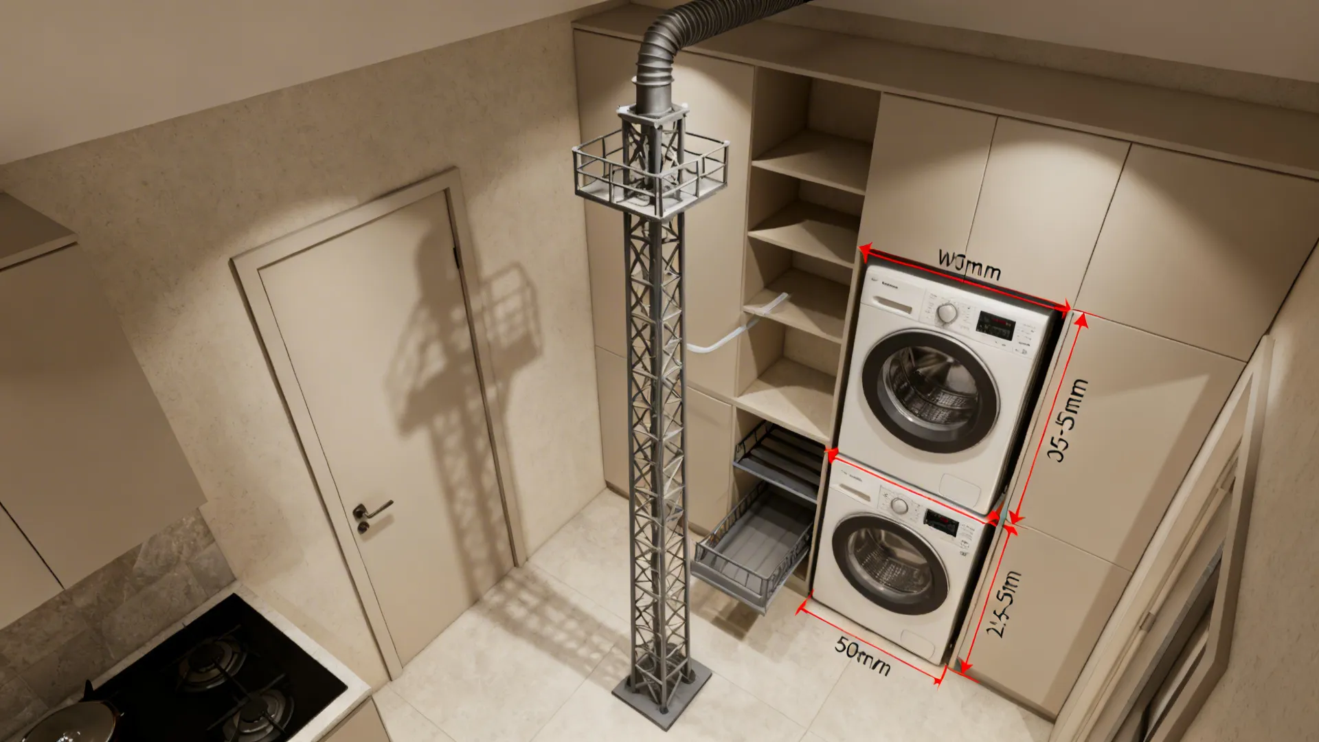 Top-down view of a laundry tower layout showing clearances, door arcs, and vent path.