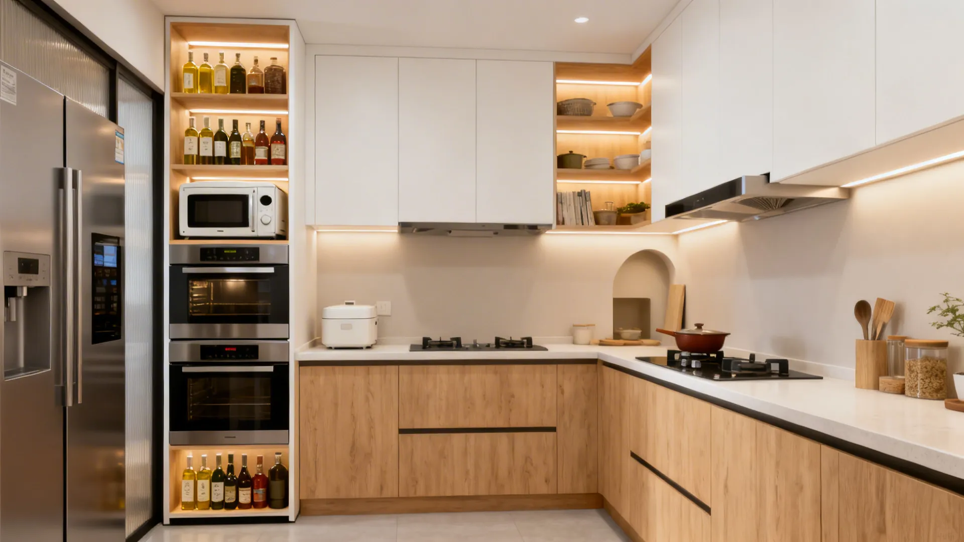 Ceiling-height tower storage beside a fridge clears counters in a compact kitchen.