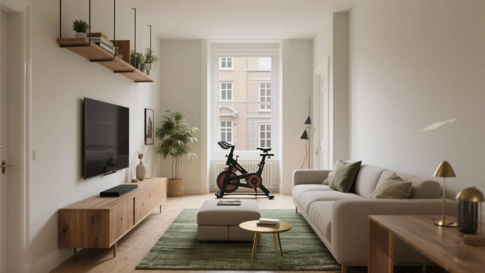 Modern living room with a wooden cabinet, television, beige sofa, green rug, and black bike