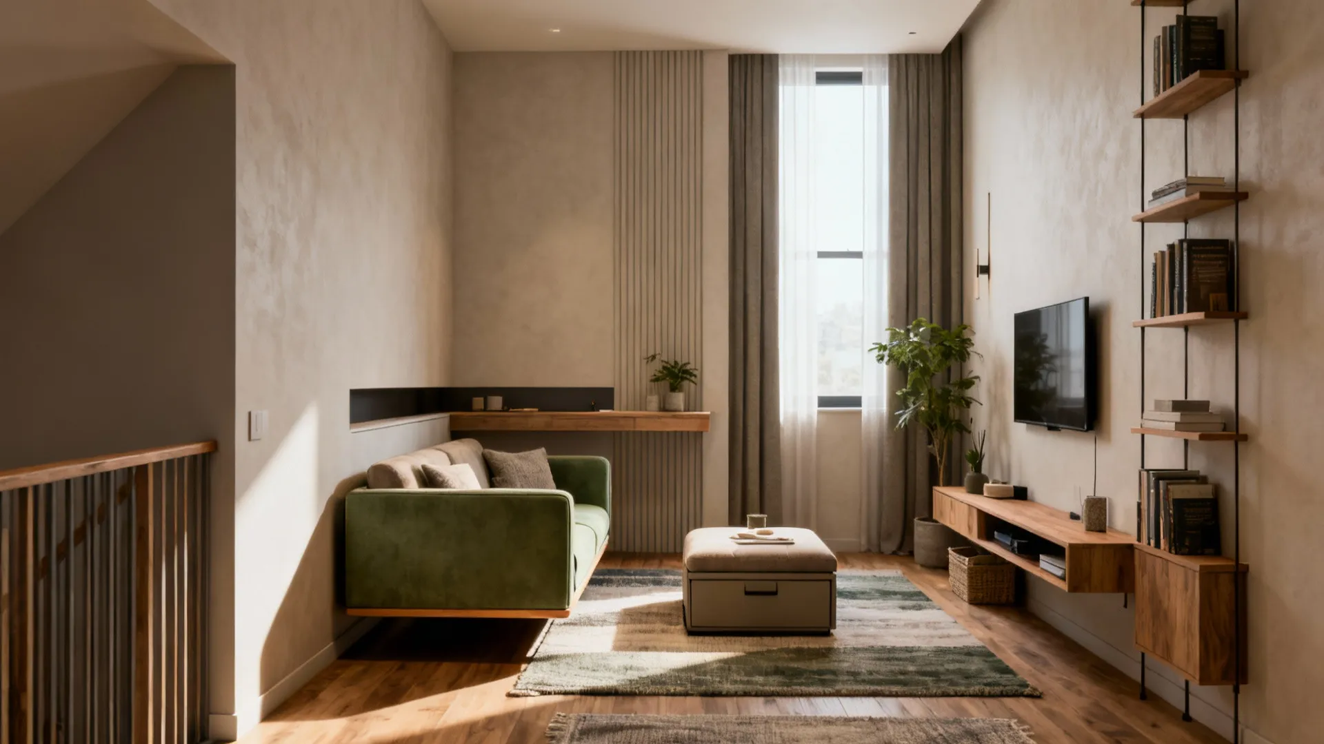 Modern living room featuring green sofa wooden cabinet television set bookshelves and natural window light