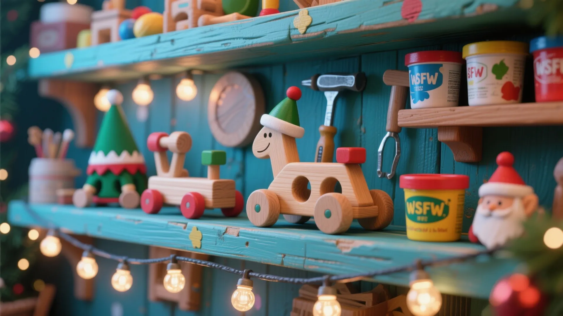Wooden shelf with Christmas toys including a train and reindeer under warm small light bulbs