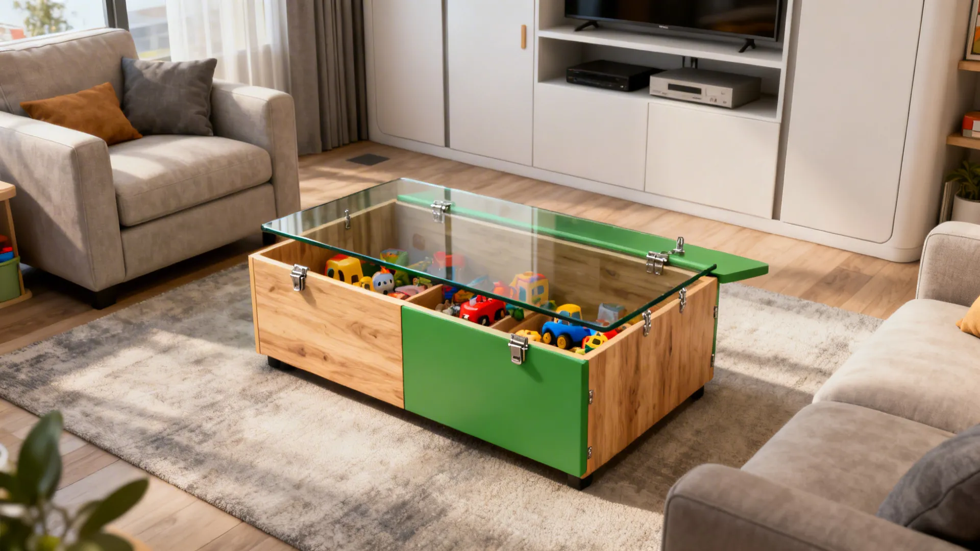 Modern living room featuring a glass top coffee table used as a green toy storage chest